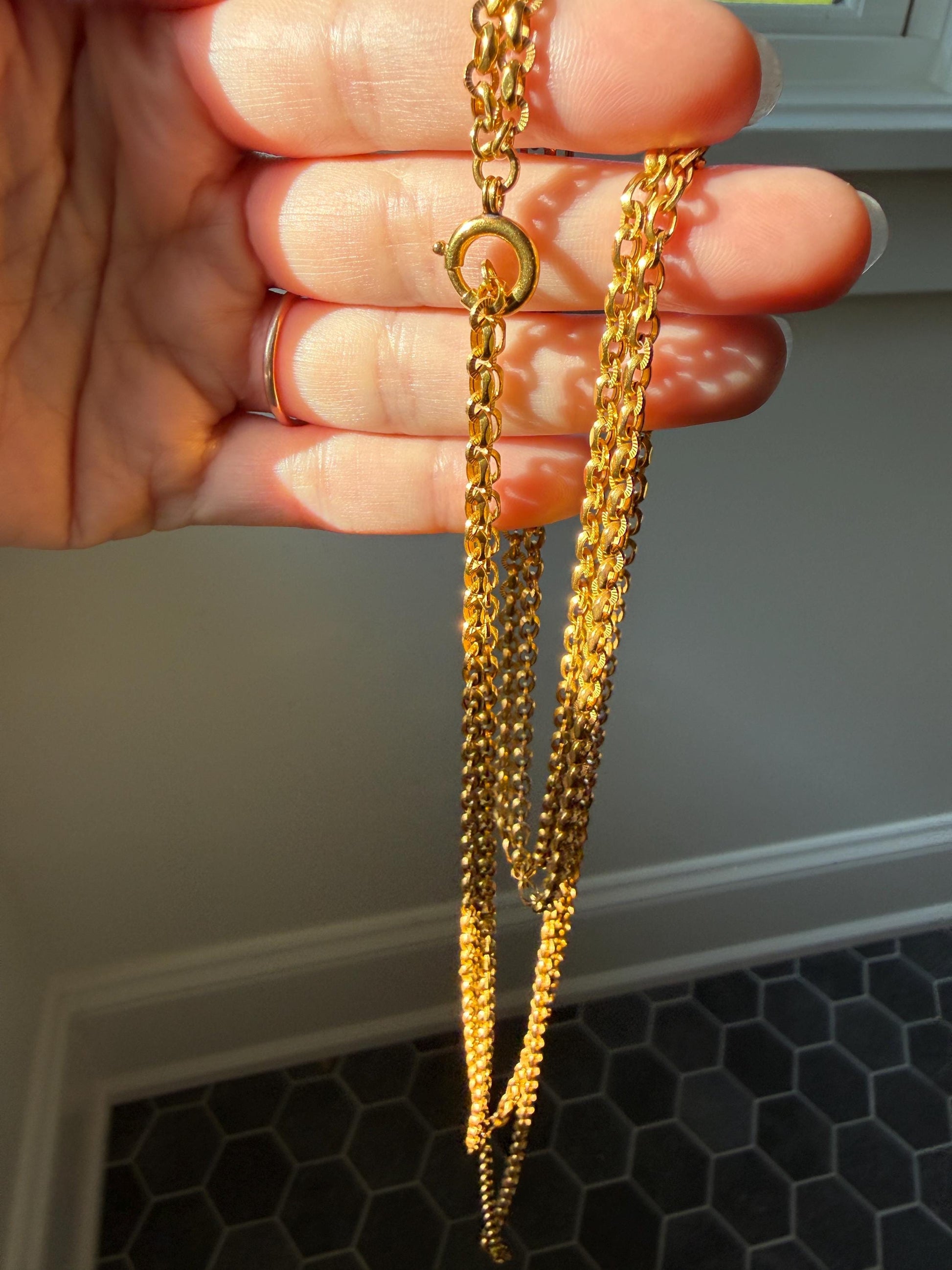 French VICTORIAN Era 17g 18k Gold Solid X- Long Guard Alternating Ribbed Link Muff Body Double Chain Necklace Pendant Holder Bracelet