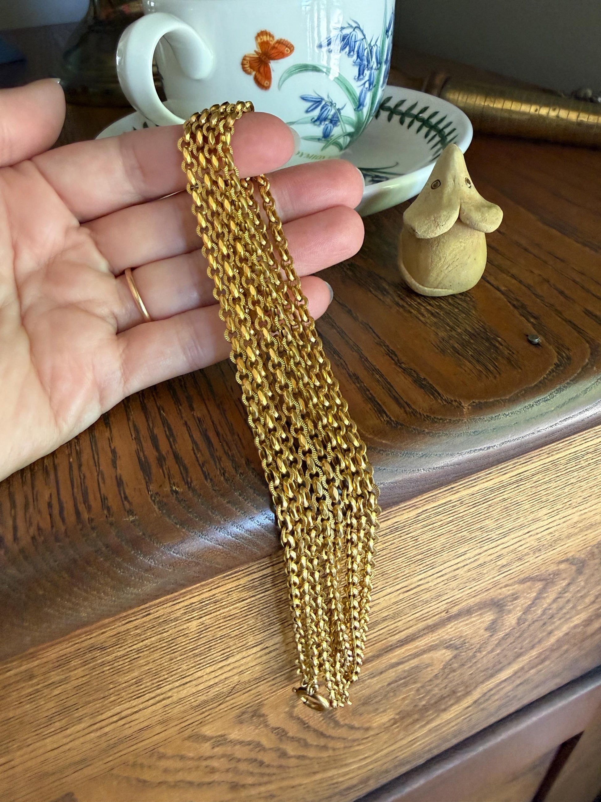 French VICTORIAN Era 17g 18k Gold Solid X- Long Guard Alternating Ribbed Link Muff Body Double Chain Necklace Pendant Holder Bracelet