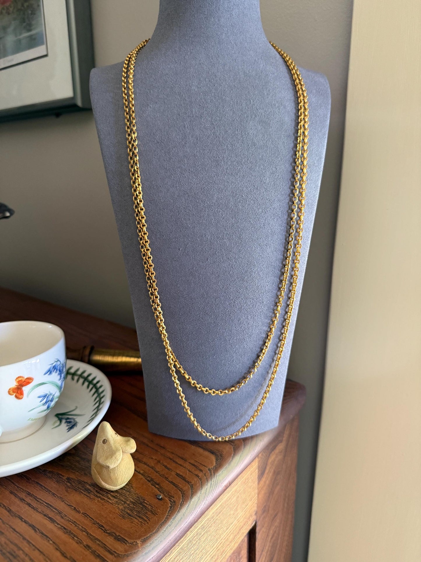 French VICTORIAN Era 17g 18k Gold Solid X- Long Guard Alternating Ribbed Link Muff Body Double Chain Necklace Pendant Holder Bracelet