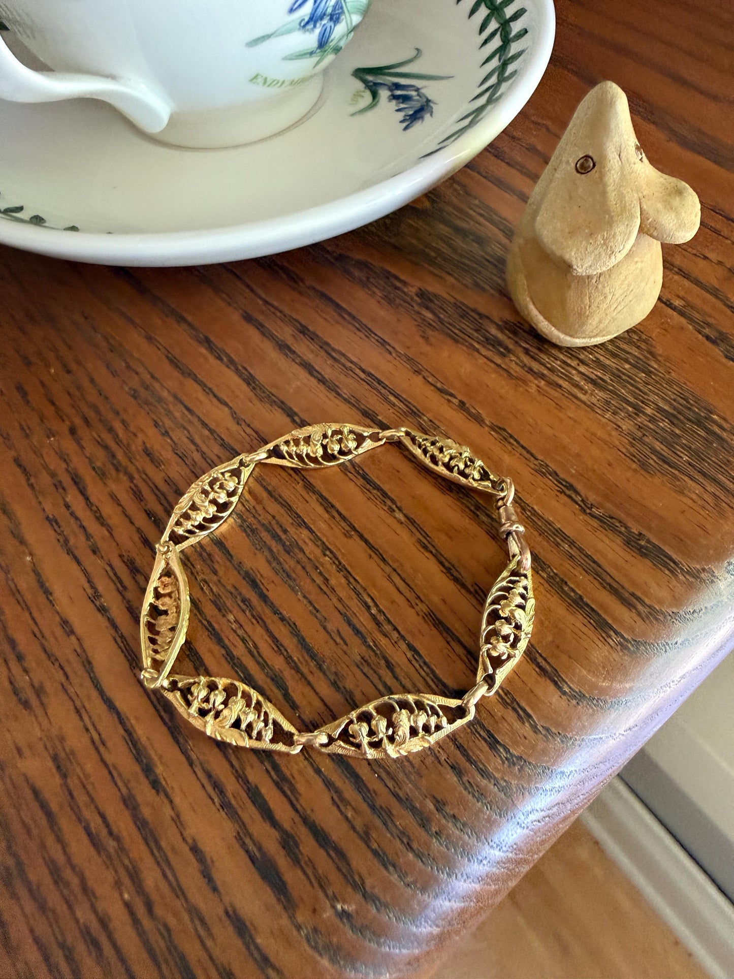 Rare BLEEDING HEARTS Floral Link Bracelet Antique French Heavy 10g 18k Gold Solid Art Nouveau Belle Epoque Victorian Era Eternity Flowers