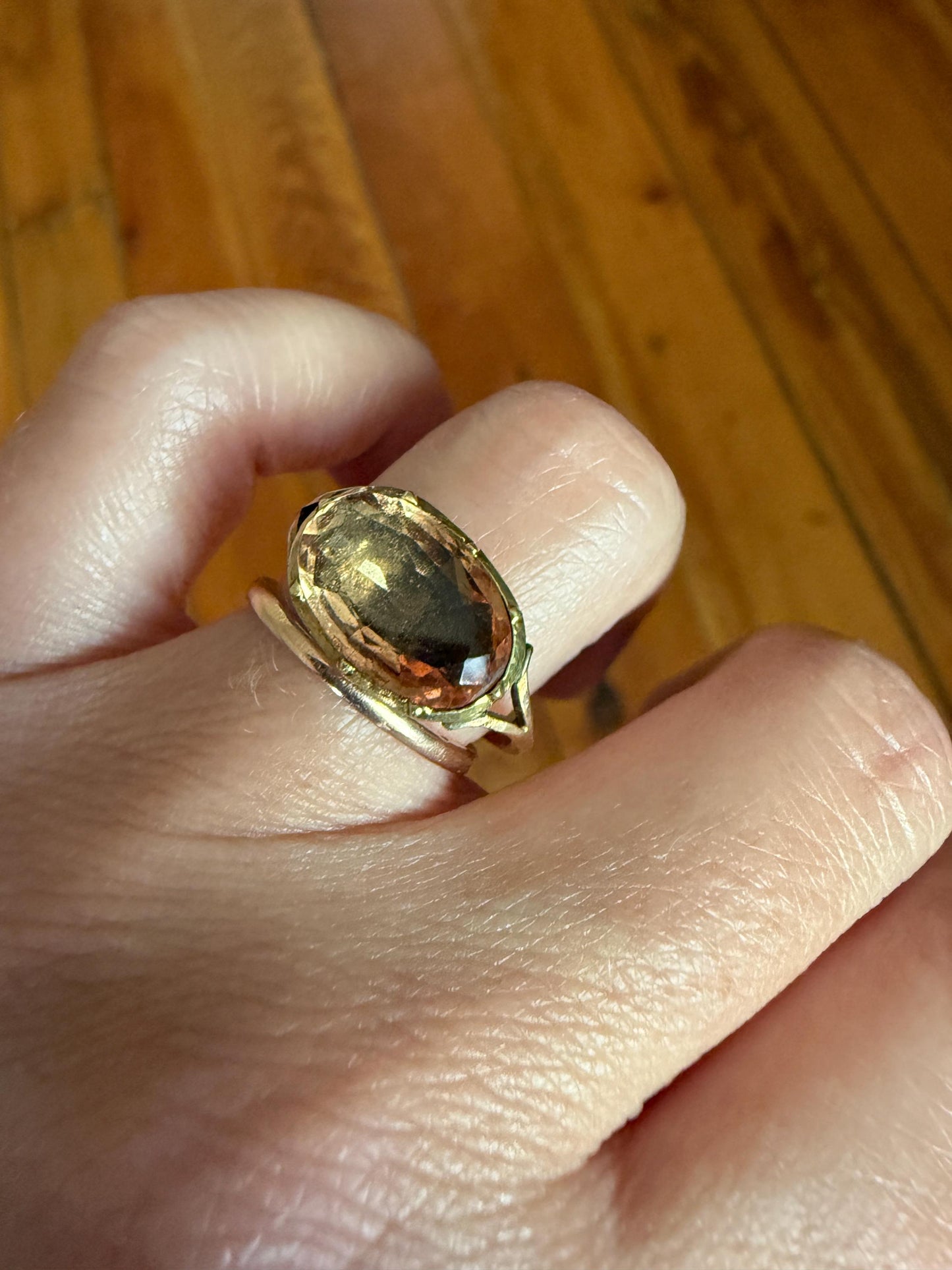 IMPERIAL TOPAZ Georgian Era French Old Cut Peach East West Collet Set Oval Antique Ring Domed Back Perfect Stone 18k Gold Foiled