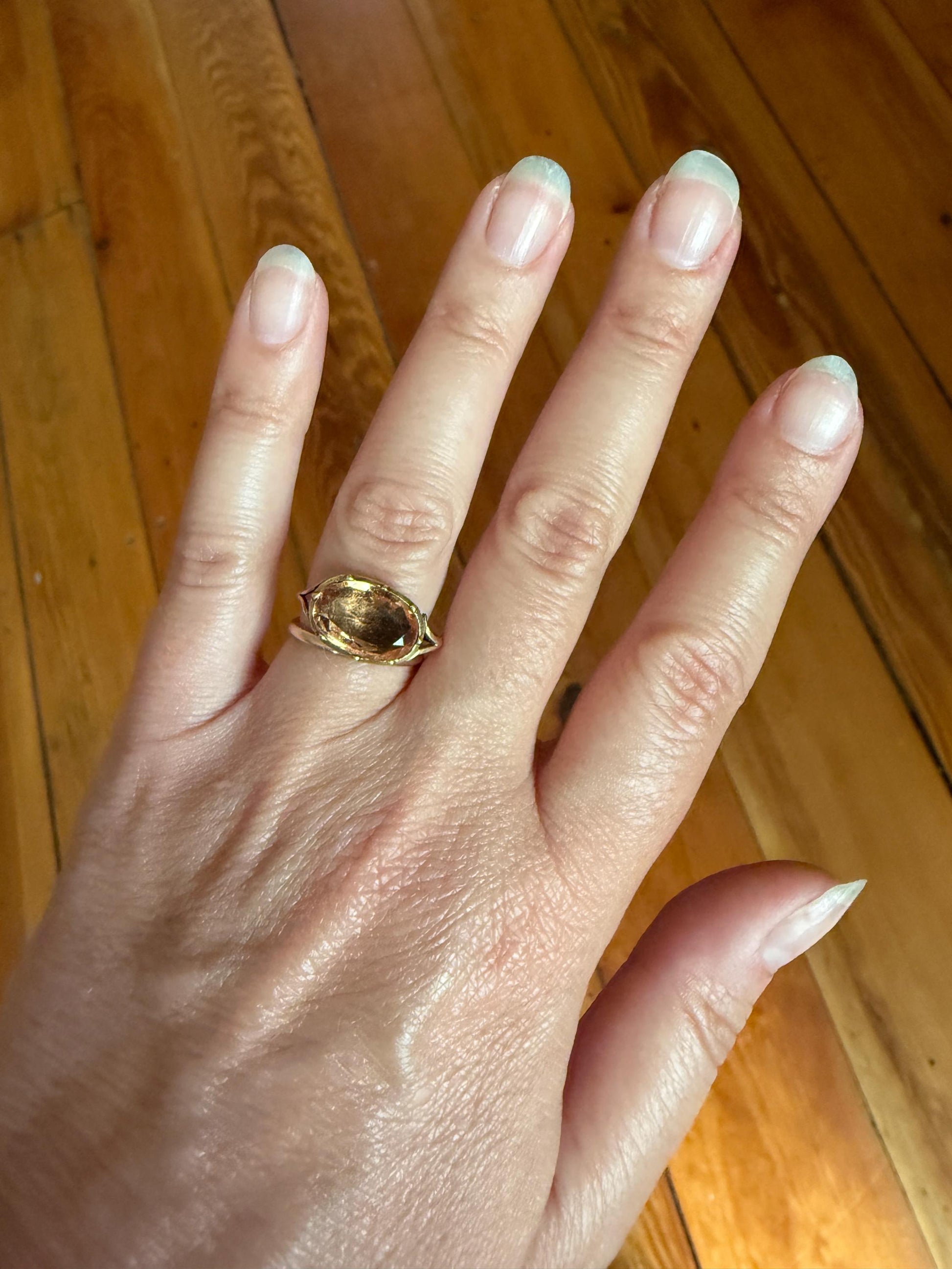 IMPERIAL TOPAZ Georgian Era French Old Cut Peach East West Collet Set Oval Antique Ring Domed Back Perfect Stone 18k Gold Foiled