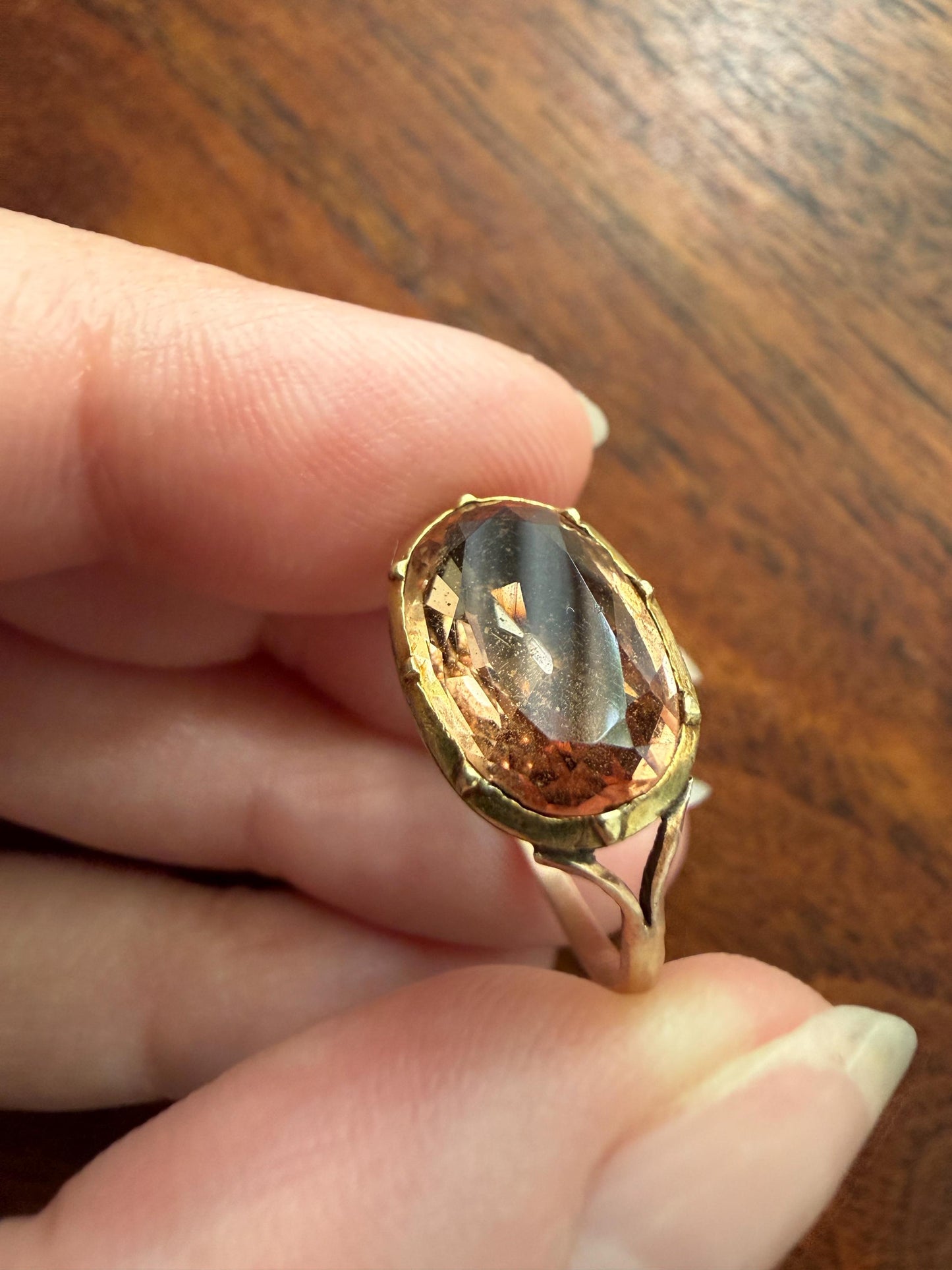 IMPERIAL TOPAZ Georgian Era French Old Cut Peach East West Collet Set Oval Antique Ring Domed Back Perfect Stone 18k Gold Foiled