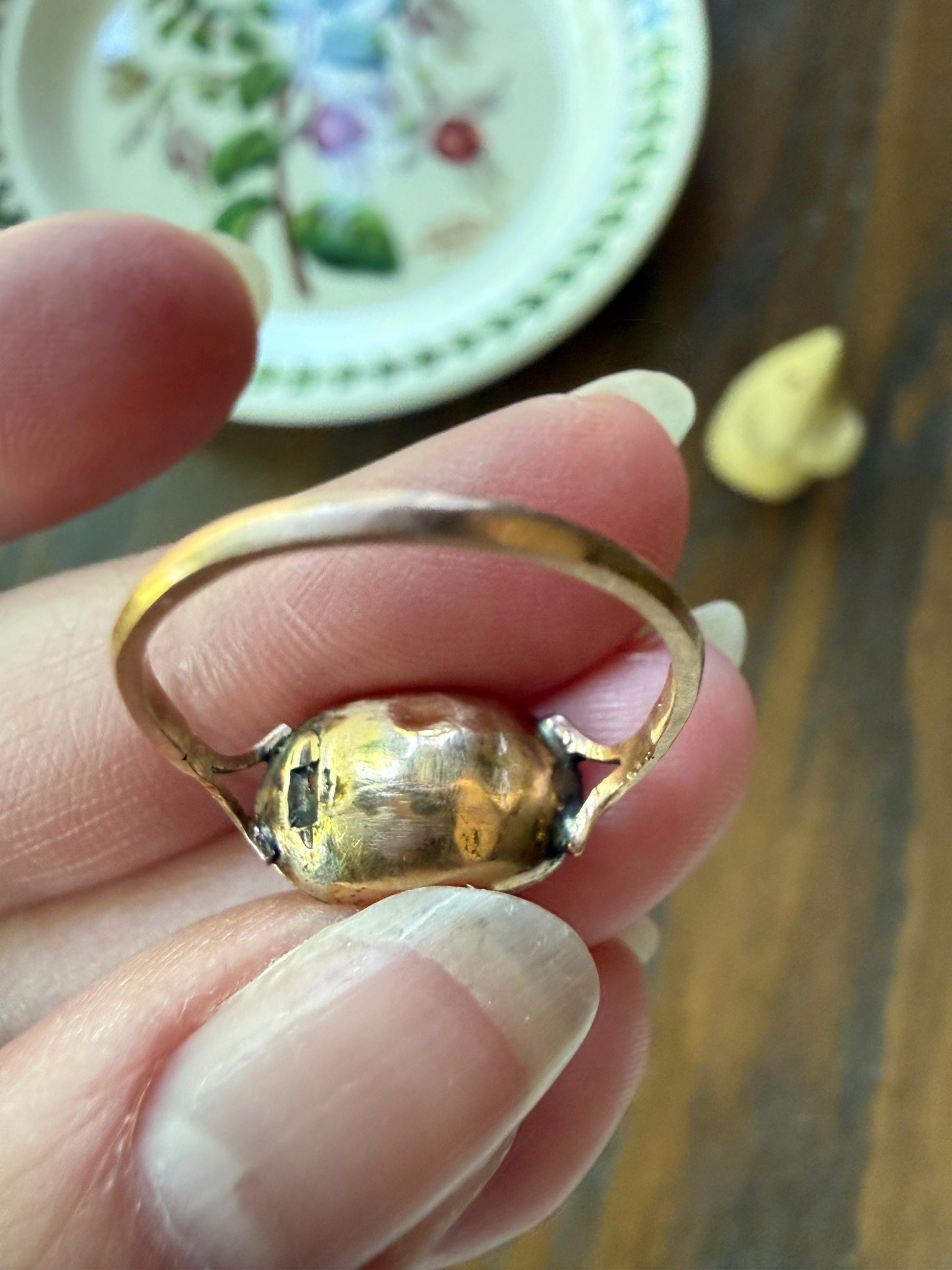 IMPERIAL TOPAZ Georgian Era French Old Cut Peach East West Collet Set Oval Antique Ring Domed Back Perfect Stone 18k Gold Foiled