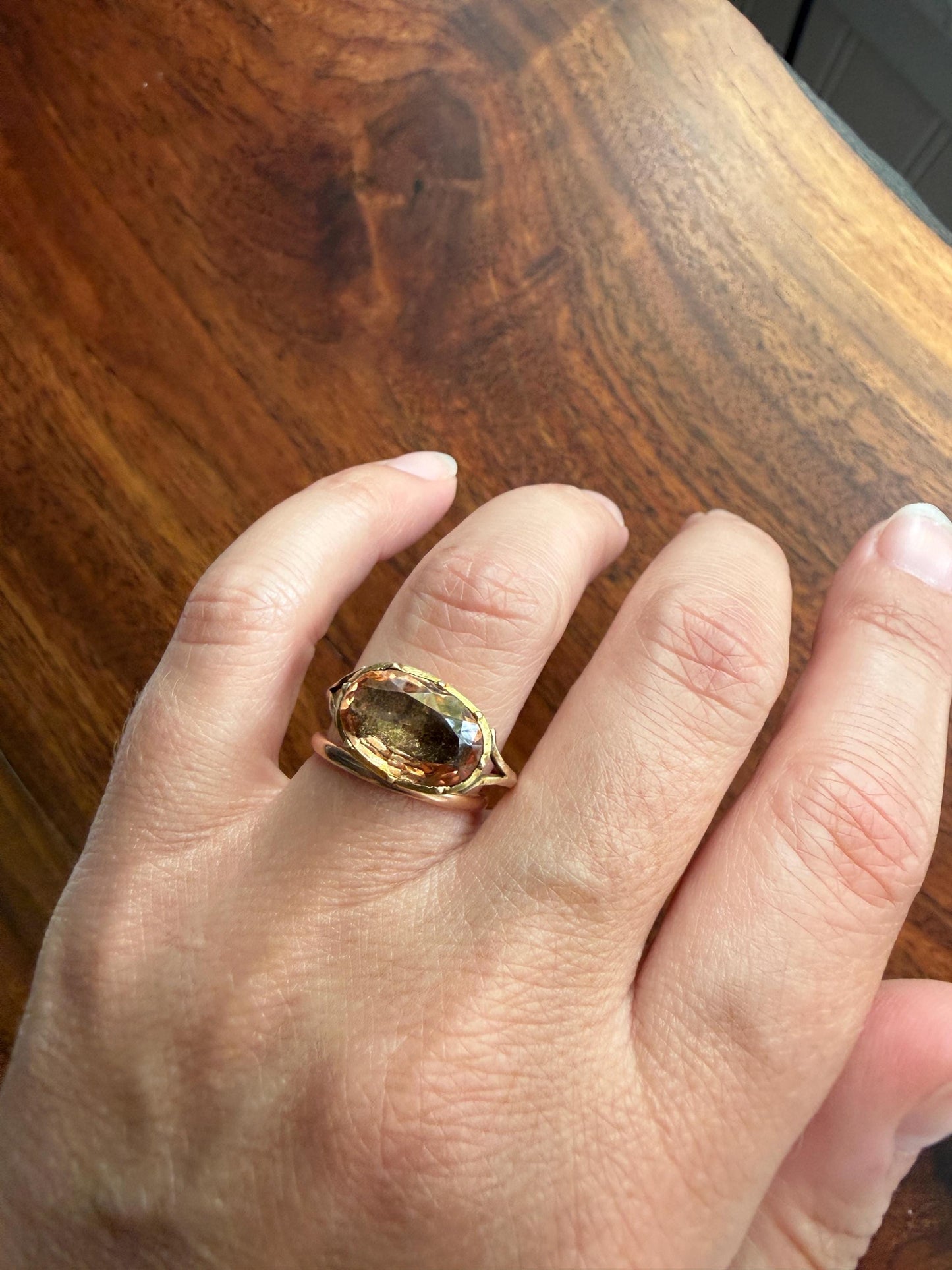 IMPERIAL TOPAZ Georgian Era French Old Cut Peach East West Collet Set Oval Antique Ring Domed Back Perfect Stone 18k Gold Foiled