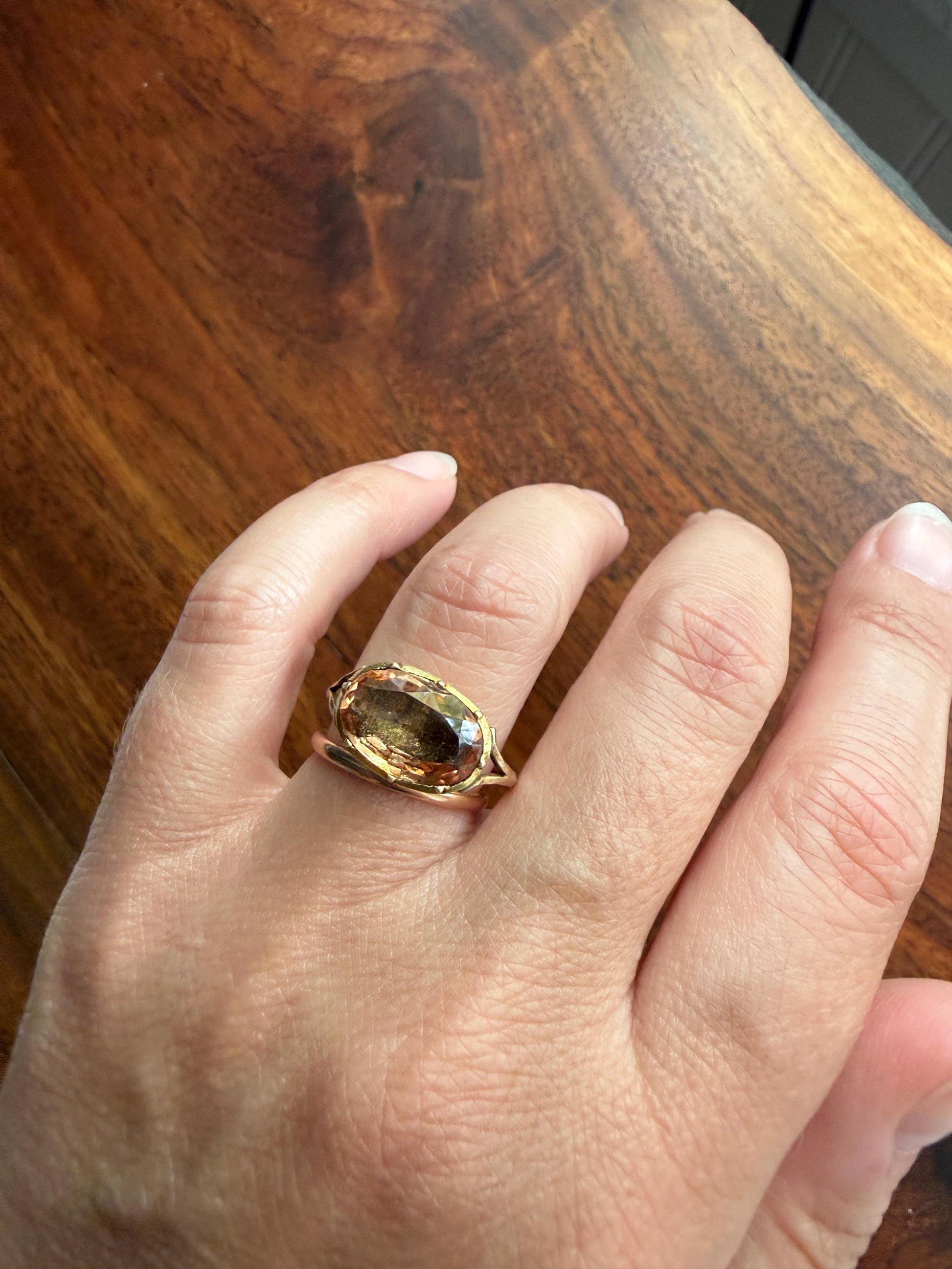 IMPERIAL TOPAZ Georgian Era French Old Cut Peach East West Collet Set Oval Antique Ring Domed Back Perfect Stone 18k Gold Foiled