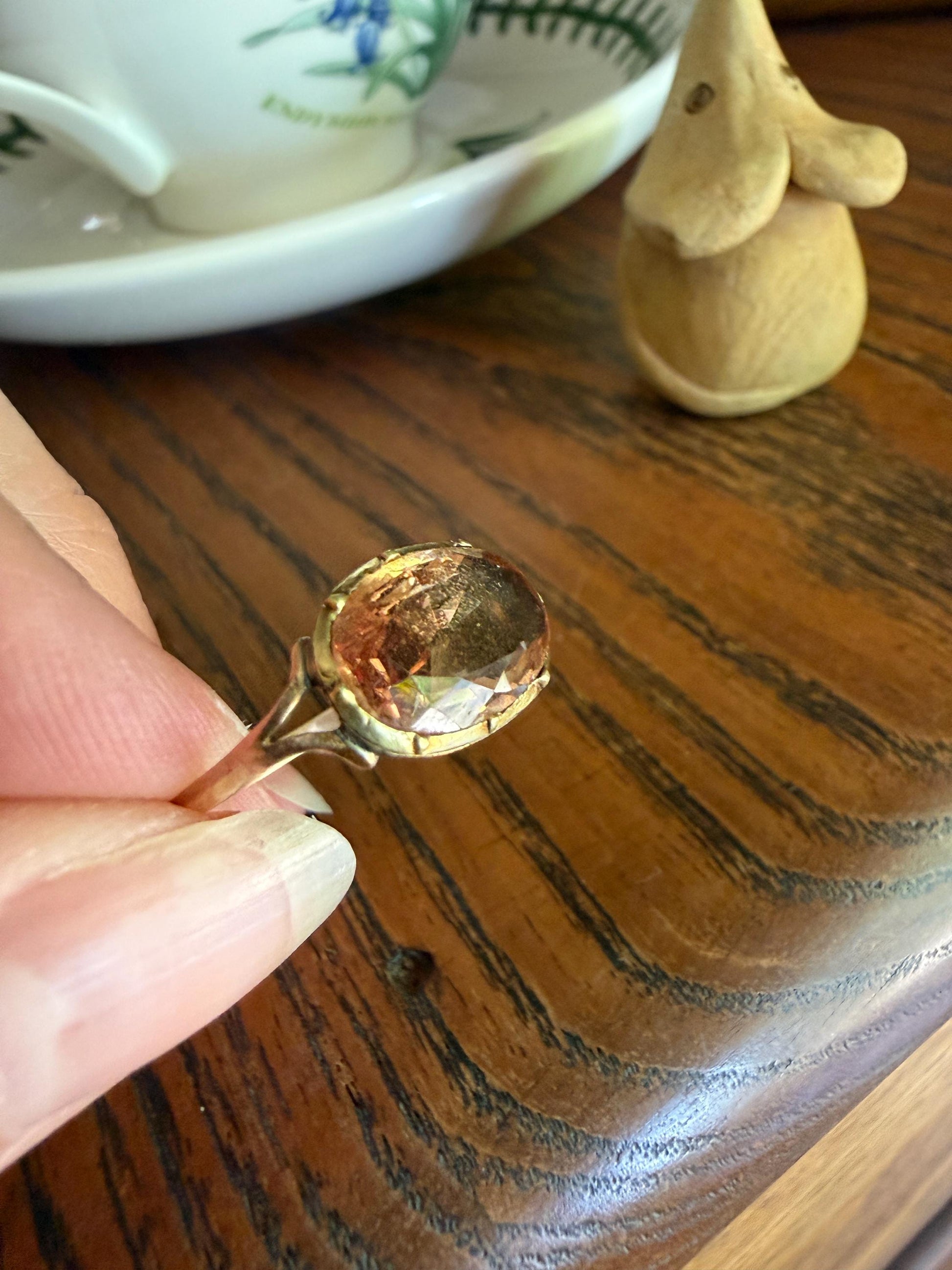 IMPERIAL TOPAZ Georgian Era French Old Cut Peach East West Collet Set Oval Antique Ring Domed Back Perfect Stone 18k Gold Foiled