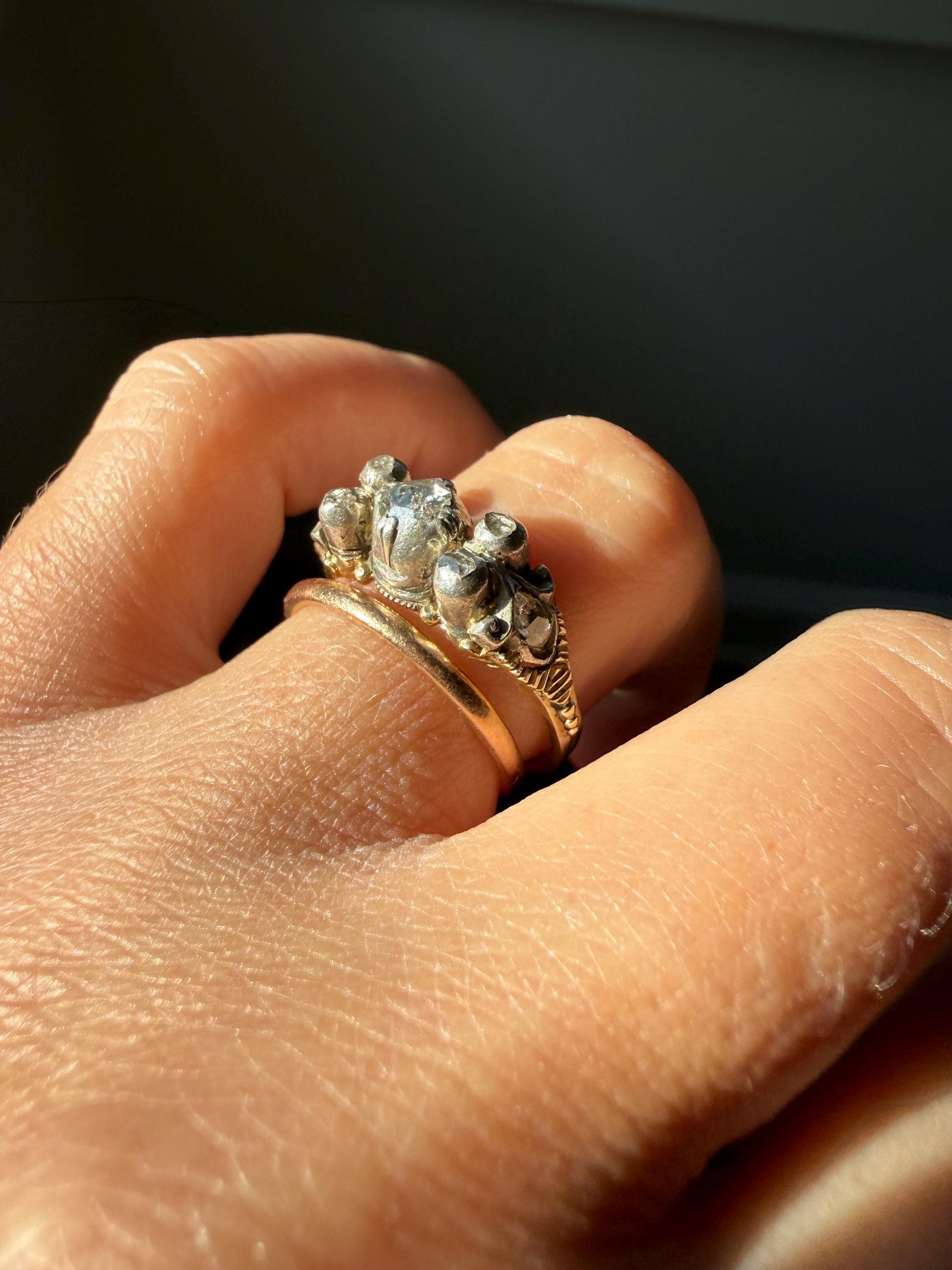 Antique Seven Stone Rose Cut DIAMOND Ring Floral Engraved Ring Butt 18k Gold Silver Collets Georgian Revival Ornate Linear Rivet Detail