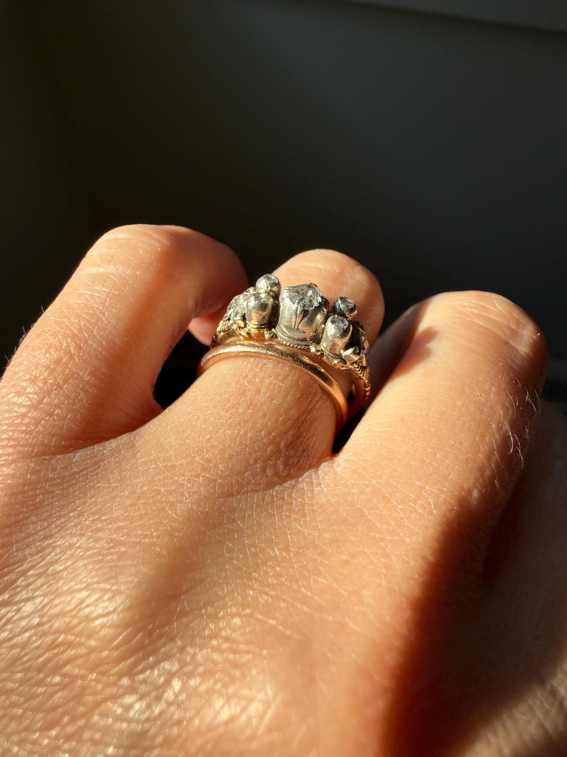 Antique Seven Stone Rose Cut DIAMOND Ring Floral Engraved Ring Butt 18k Gold Silver Collets Georgian Revival Ornate Linear Rivet Detail