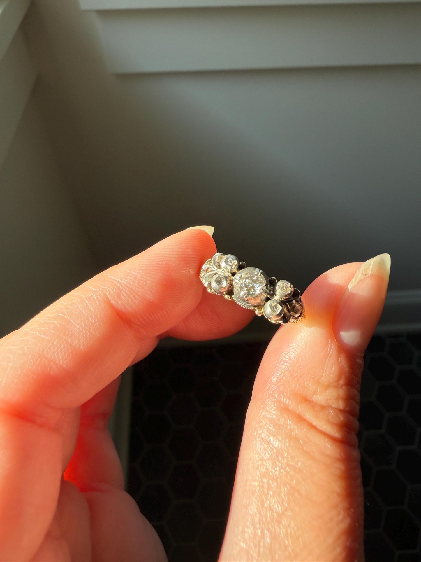 Antique Seven Stone Rose Cut DIAMOND Ring Floral Engraved Ring Butt 18k Gold Silver Collets Georgian Revival Ornate Linear Rivet Detail