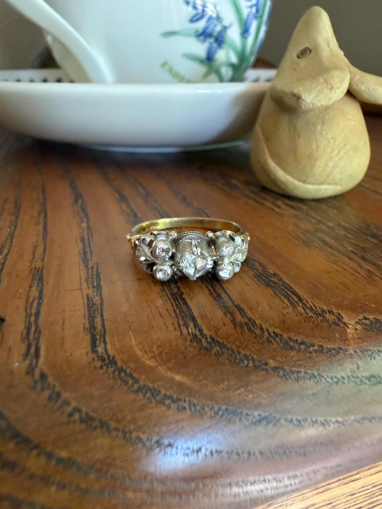 Antique Seven Stone Rose Cut DIAMOND Ring Floral Engraved Ring Butt 18k Gold Silver Collets Georgian Revival Ornate Linear Rivet Detail