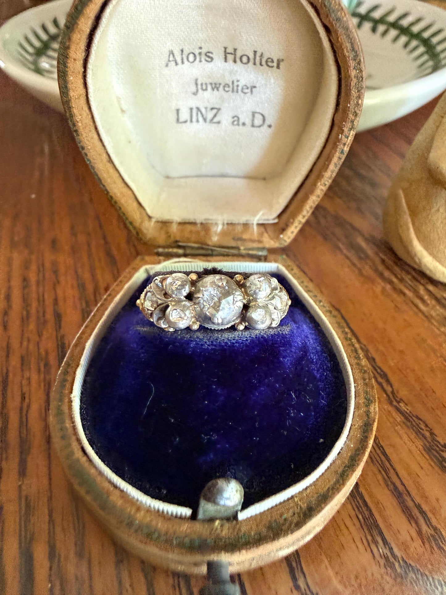 Antique Seven Stone Rose Cut DIAMOND Ring Floral Engraved Ring Butt 18k Gold Silver Collets Georgian Revival Ornate Linear Rivet Detail