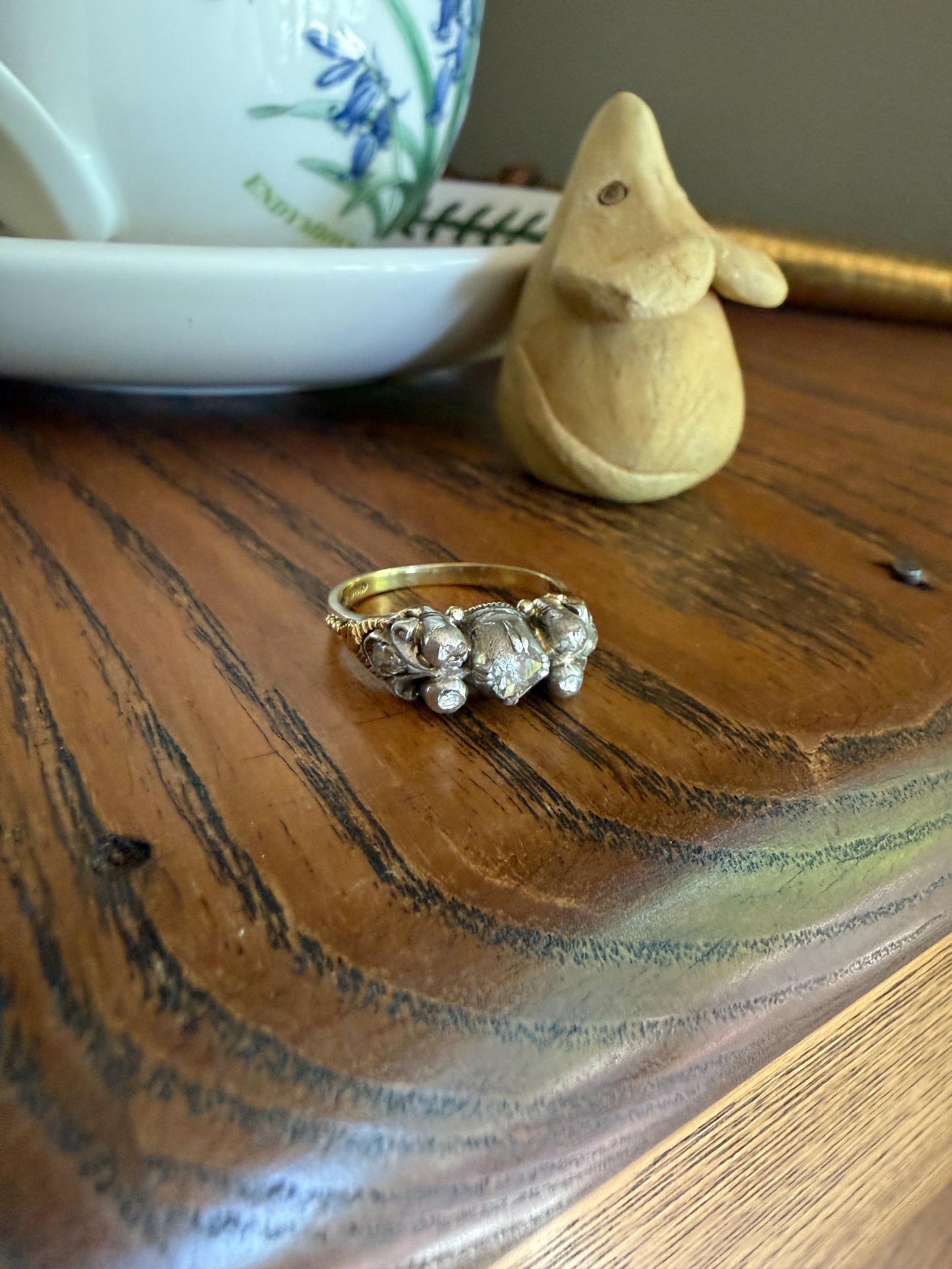 Antique Seven Stone Rose Cut DIAMOND Ring Floral Engraved Ring Butt 18k Gold Silver Collets Georgian Revival Ornate Linear Rivet Detail