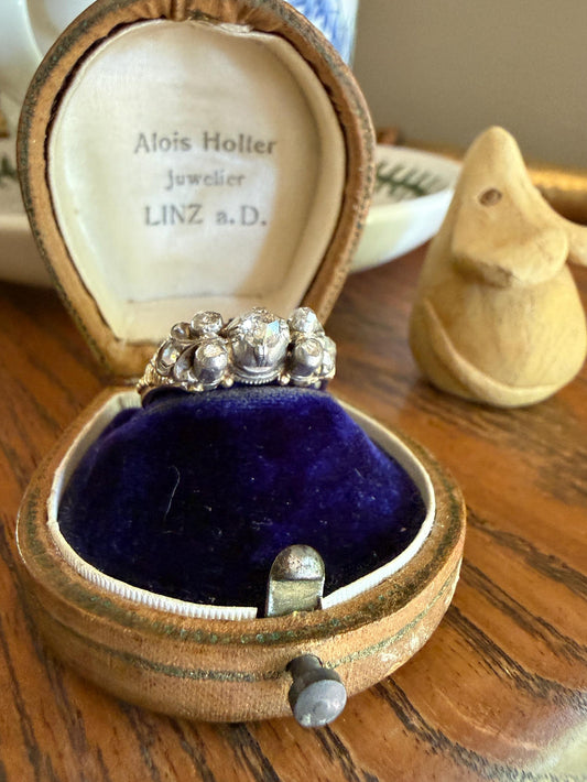 Antique Seven Stone Rose Cut DIAMOND Ring Floral Engraved Ring Butt 18k Gold Silver Collets Georgian Revival Ornate Linear Rivet Detail