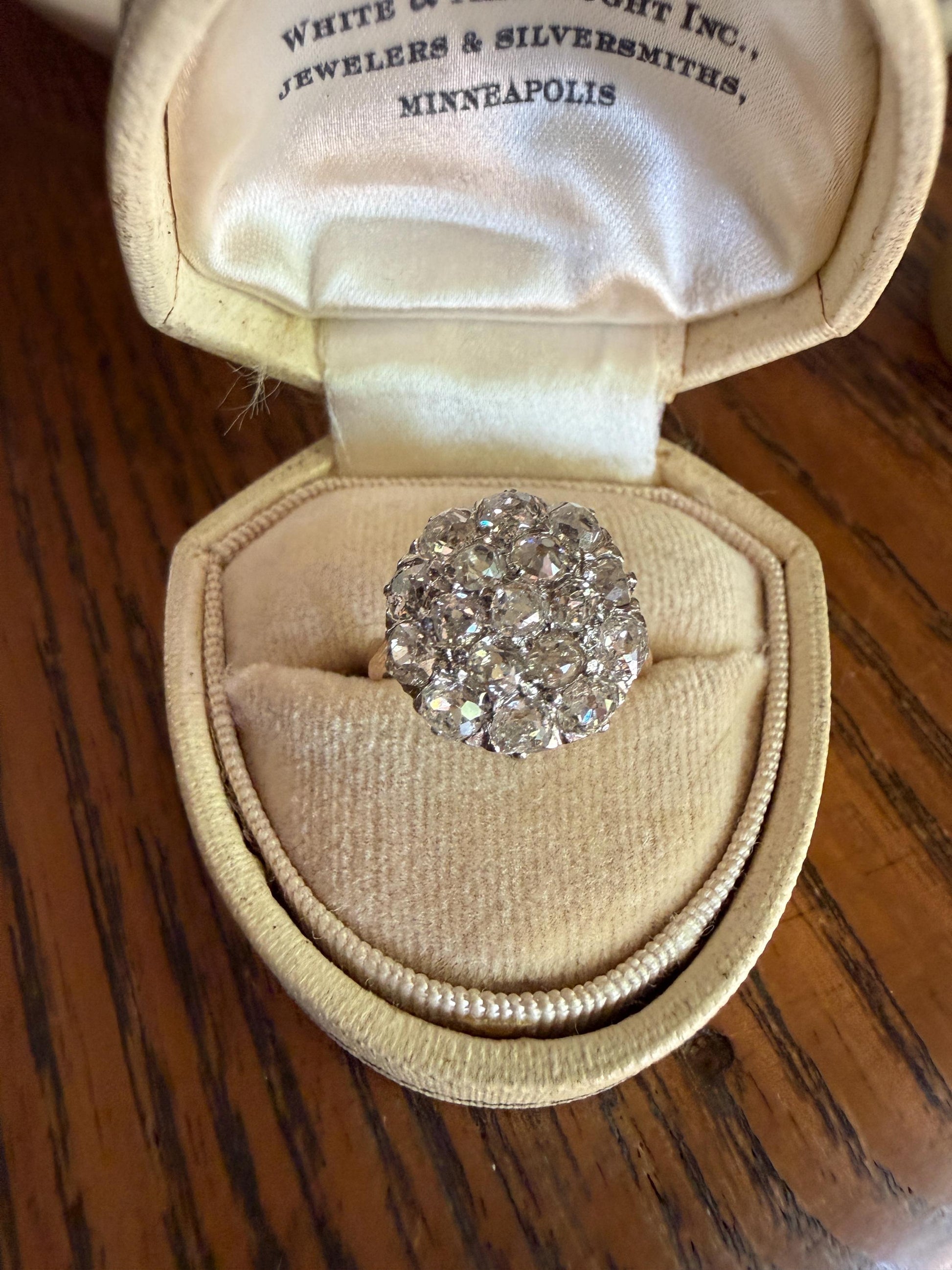 Antique 1.75 Carat Chunky Old Mine Cut DIAMOND Cobblestone Cluster Ring 18k Gold Sparkly Texture Circular