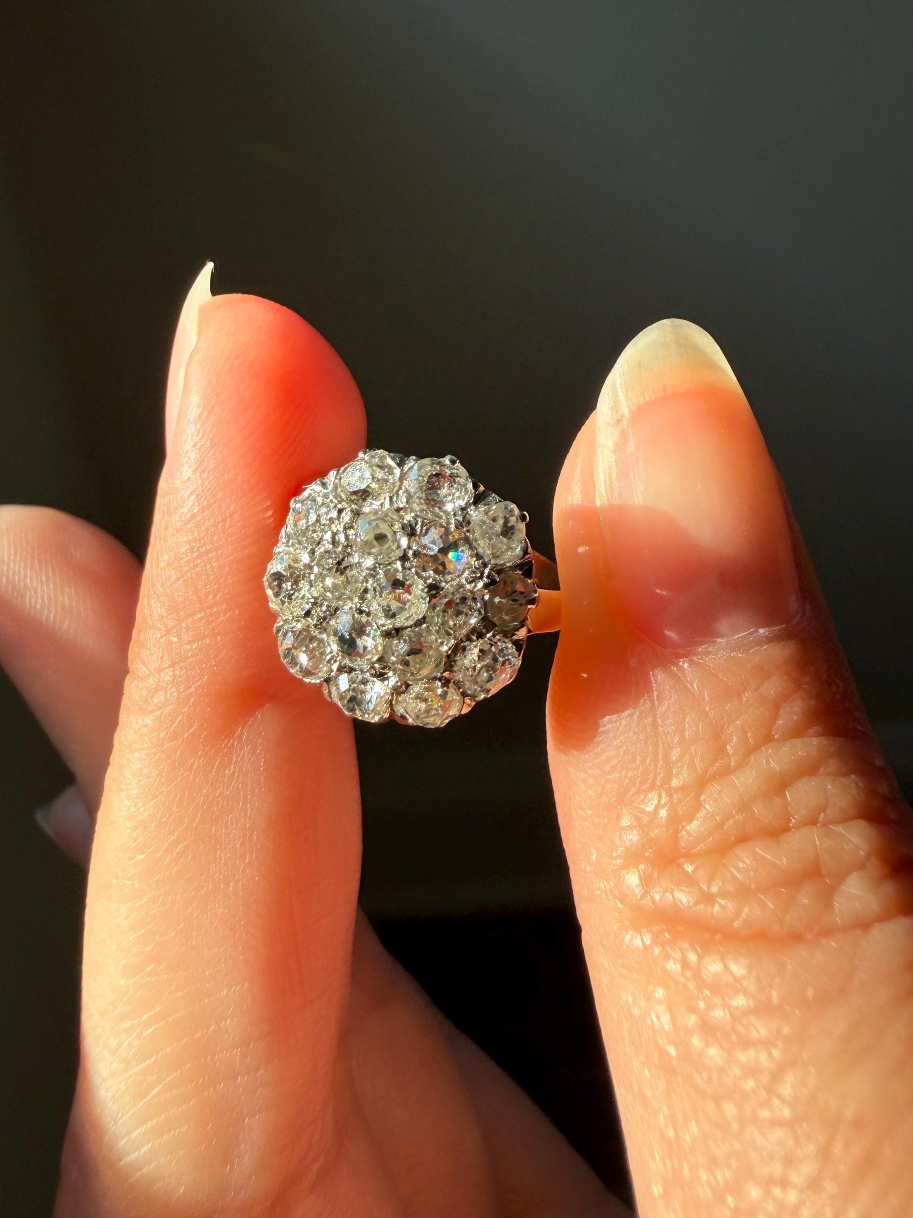 Antique 1.75 Carat Chunky Old Mine Cut DIAMOND Cobblestone Cluster Ring 18k Gold Sparkly Texture Circular