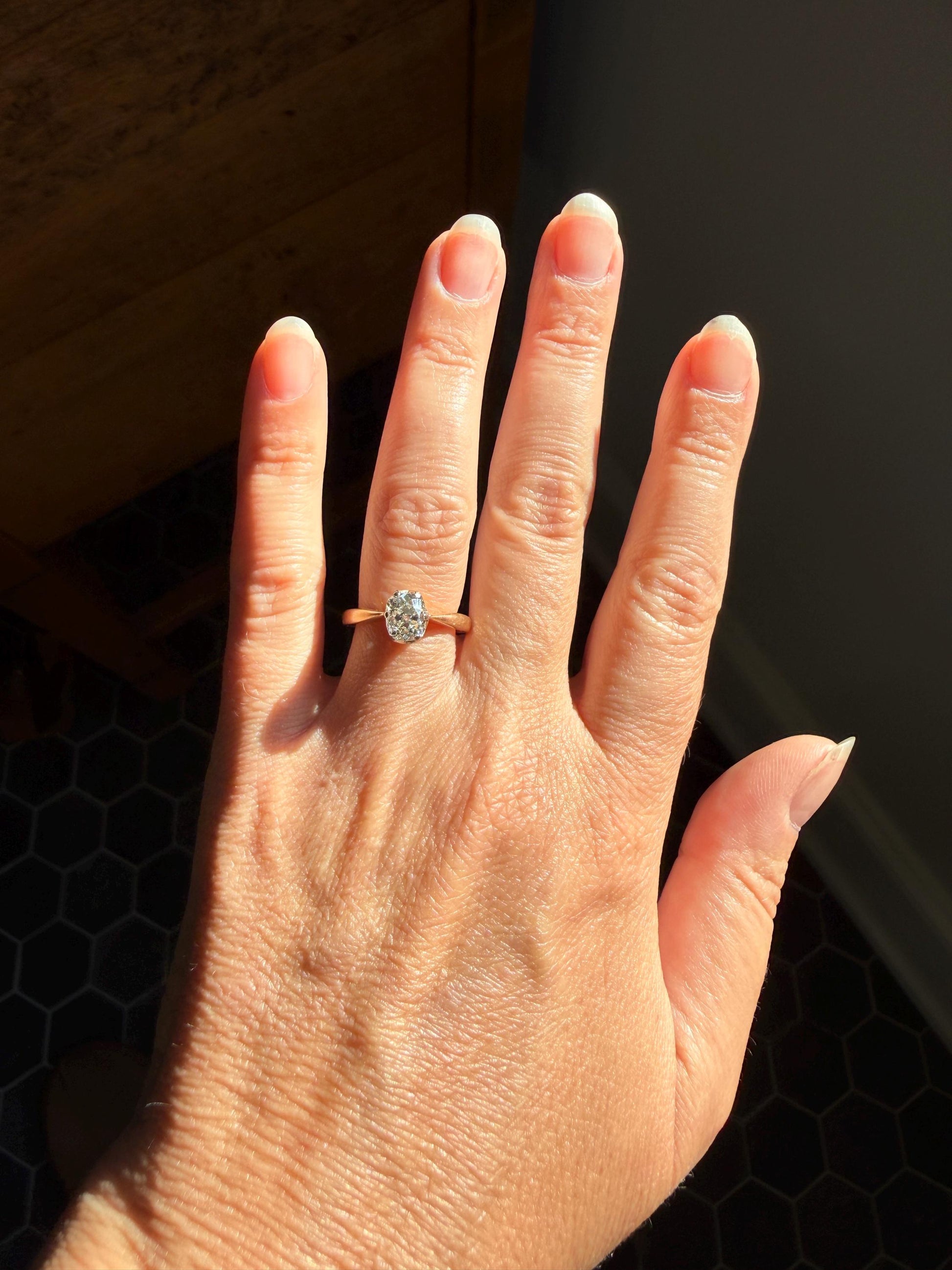 Antique 1.2 CARAT Natural Old Mine Cushion Elongated DIAMOND Solitaire Engagement Ring 18k Gold Solid Yellow Prong