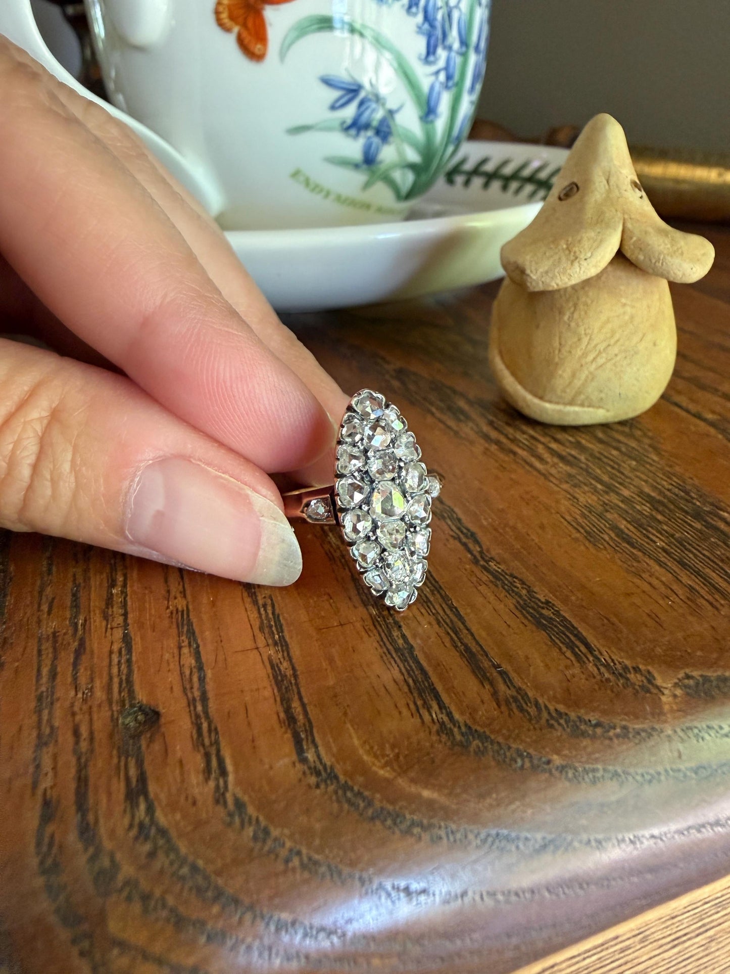 Rose Cut DIAMOND Natural Cluster Navette French Antique 18k Gold Silver Chunky Pear Disco Ball Cobblestone 1.6 Carat Face Up Victorian