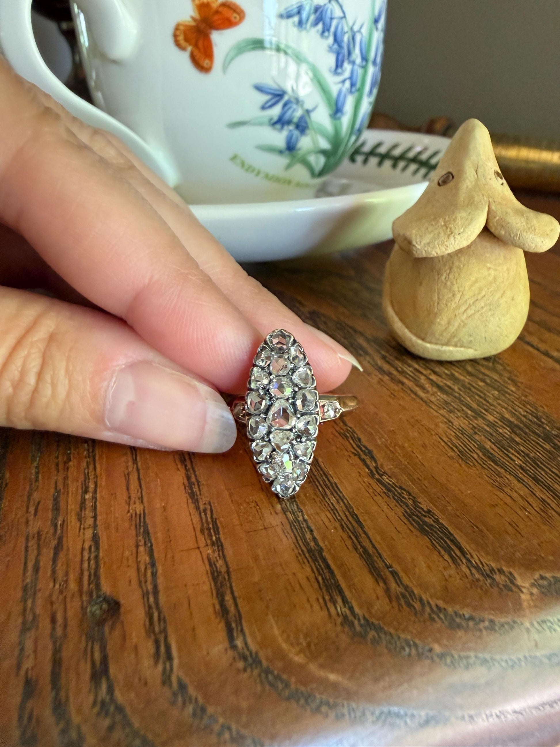 Rose Cut DIAMOND Natural Cluster Navette French Antique 18k Gold Silver Chunky Pear Disco Ball Cobblestone 1.6 Carat Face Up Victorian