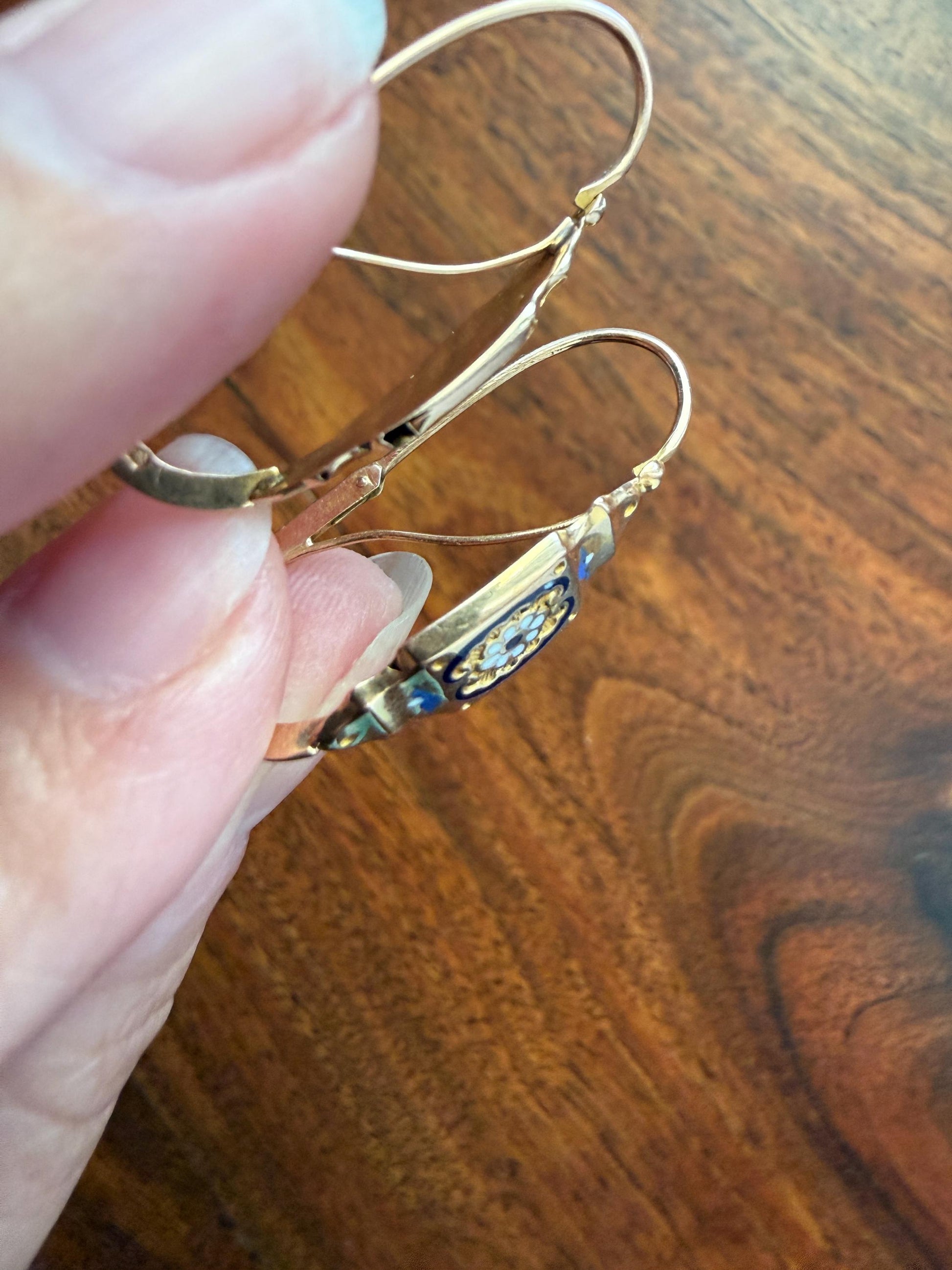 FLORAL Antique FRENCH Regional Enamel 18k Gold Poissarde Hoop Dangle EARRINGS Victorian Gift Belle Epoque Bridal Something Old & Blue