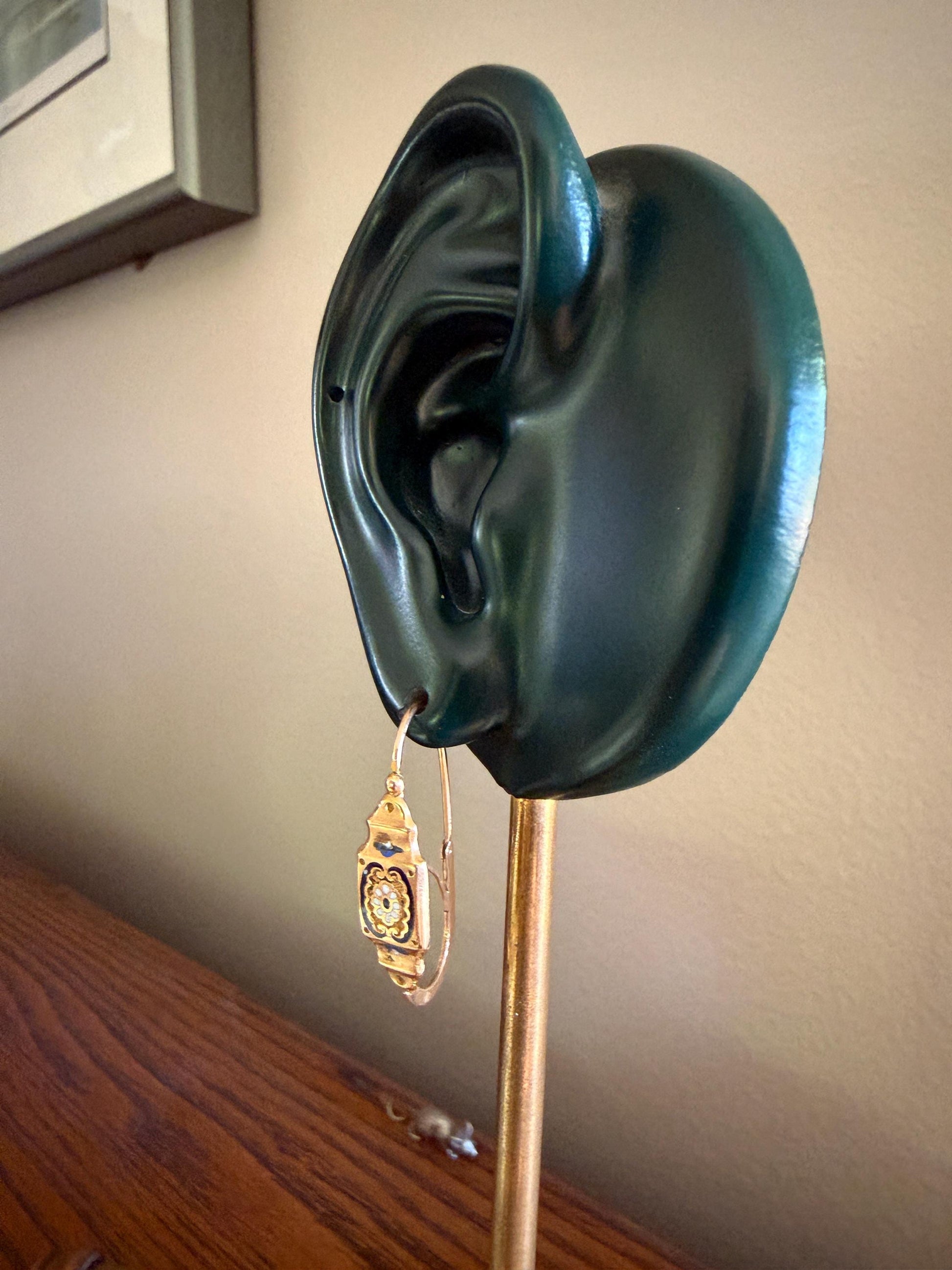 FLORAL Antique FRENCH Regional Enamel 18k Gold Poissarde Hoop Dangle EARRINGS Victorian Gift Belle Epoque Bridal Something Old & Blue