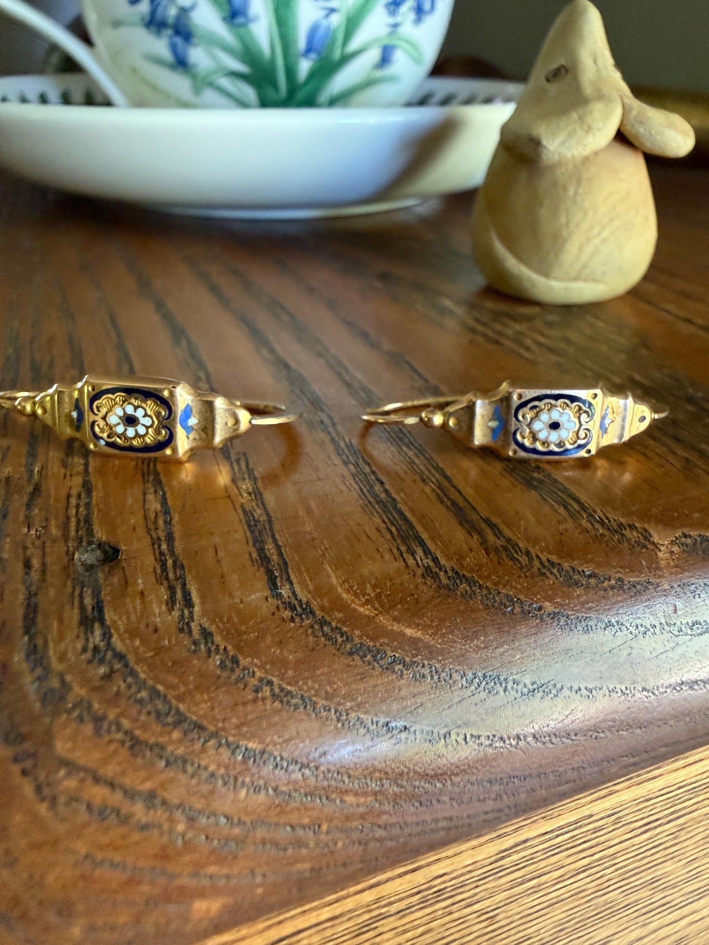 FLORAL Antique FRENCH Regional Enamel 18k Gold Poissarde Hoop Dangle EARRINGS Victorian Gift Belle Epoque Bridal Something Old & Blue