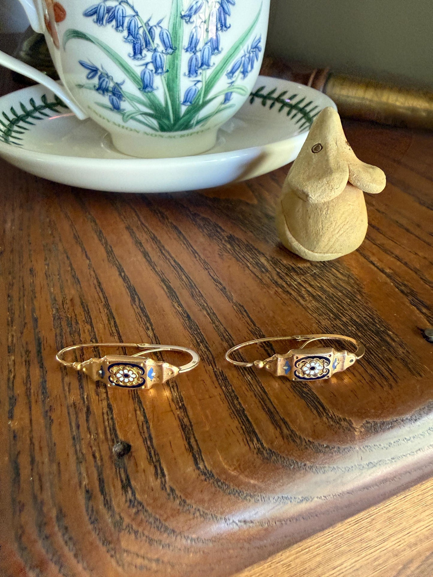 FLORAL Antique FRENCH Regional Enamel 18k Gold Poissarde Hoop Dangle EARRINGS Victorian Gift Belle Epoque Bridal Something Old & Blue