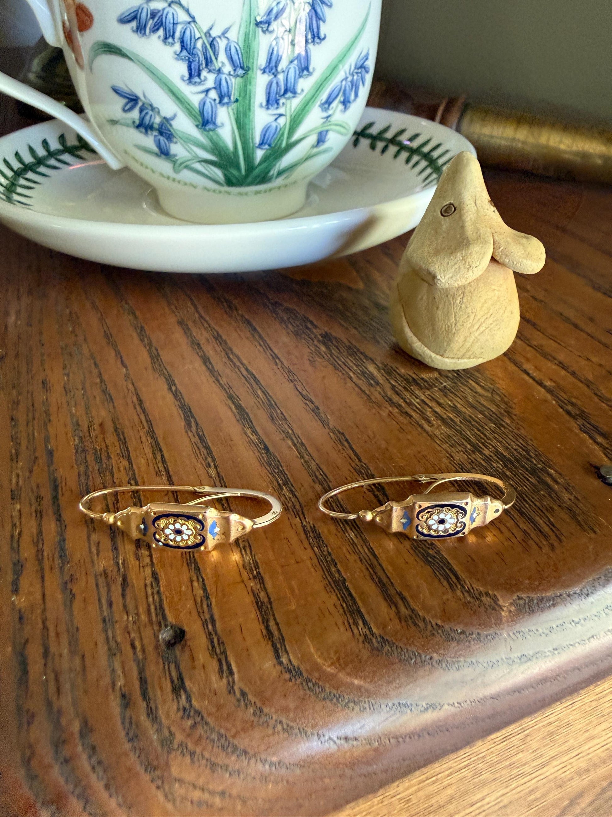 FLORAL Antique FRENCH Regional Enamel 18k Gold Poissarde Hoop Dangle EARRINGS Victorian Gift Belle Epoque Bridal Something Old & Blue