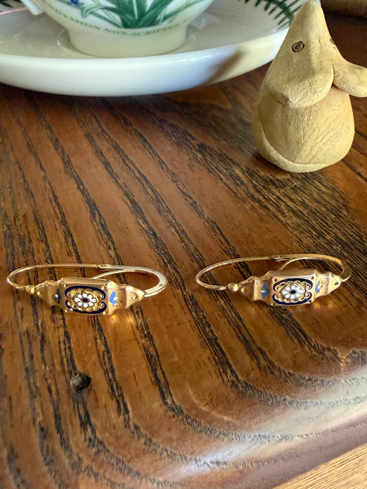 FLORAL Antique FRENCH Regional Enamel 18k Gold Poissarde Hoop Dangle EARRINGS Victorian Gift Belle Epoque Bridal Something Old & Blue