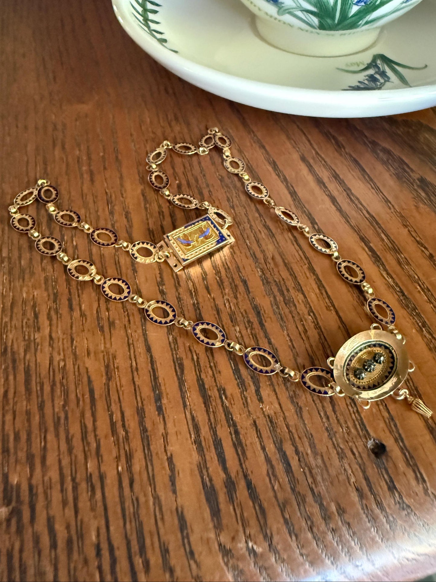 Rare Love Birds Swallow Clasp French Georgian Era 18k Gold Napoleon Bonaparte c1819 Necklace Chain Sunburst Choker Blue Enamel Old Cut Paste
