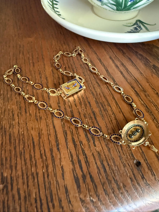 Rare Love Birds Swallow Clasp French Georgian Era 18k Gold Napoleon Bonaparte c1819 Necklace Chain Sunburst Choker Blue Enamel Old Cut Paste