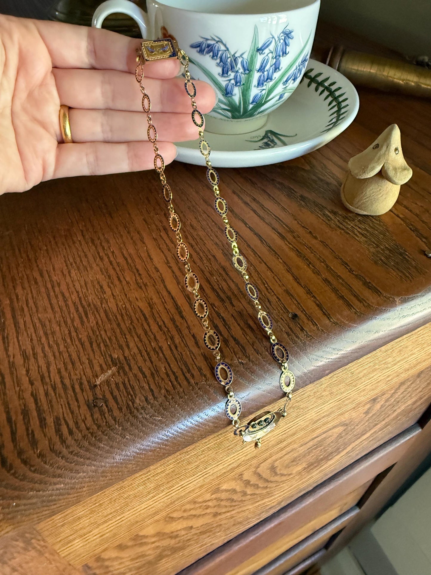Rare Love Birds Swallow Clasp French Georgian Era 18k Gold Napoleon Bonaparte c1819 Necklace Chain Sunburst Choker Blue Enamel Old Cut Paste