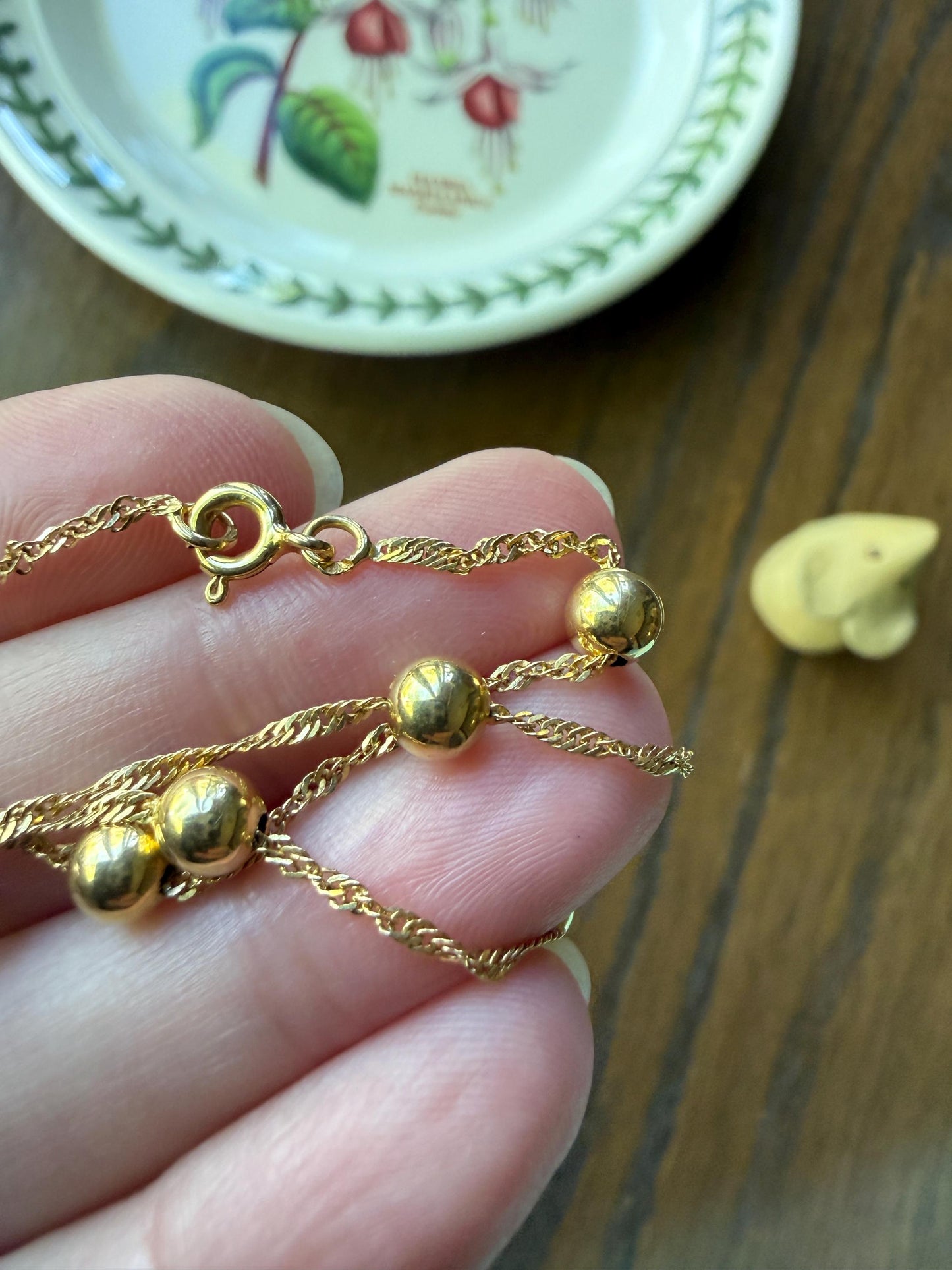 Vintage Braided 18k Gold Chain Necklace with Fixed Gold Ball Pearl Beads 17.5" Minimalist Geometric Layering Pendant Holder Shimmer Gift