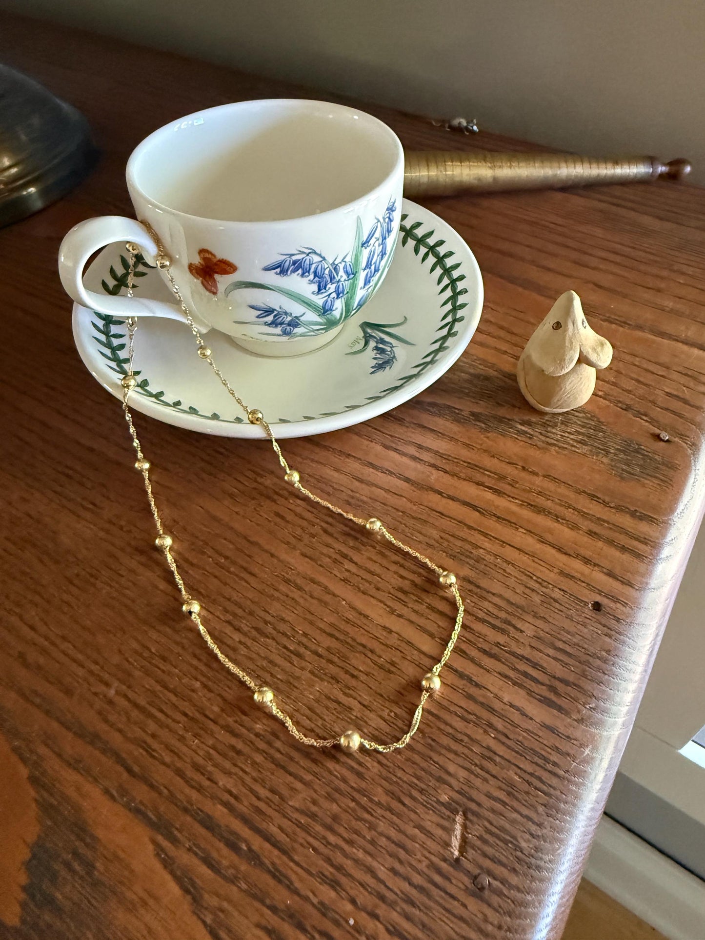Vintage Braided 18k Gold Chain Necklace with Fixed Gold Ball Pearl Beads 17.5" Minimalist Geometric Layering Pendant Holder Shimmer Gift