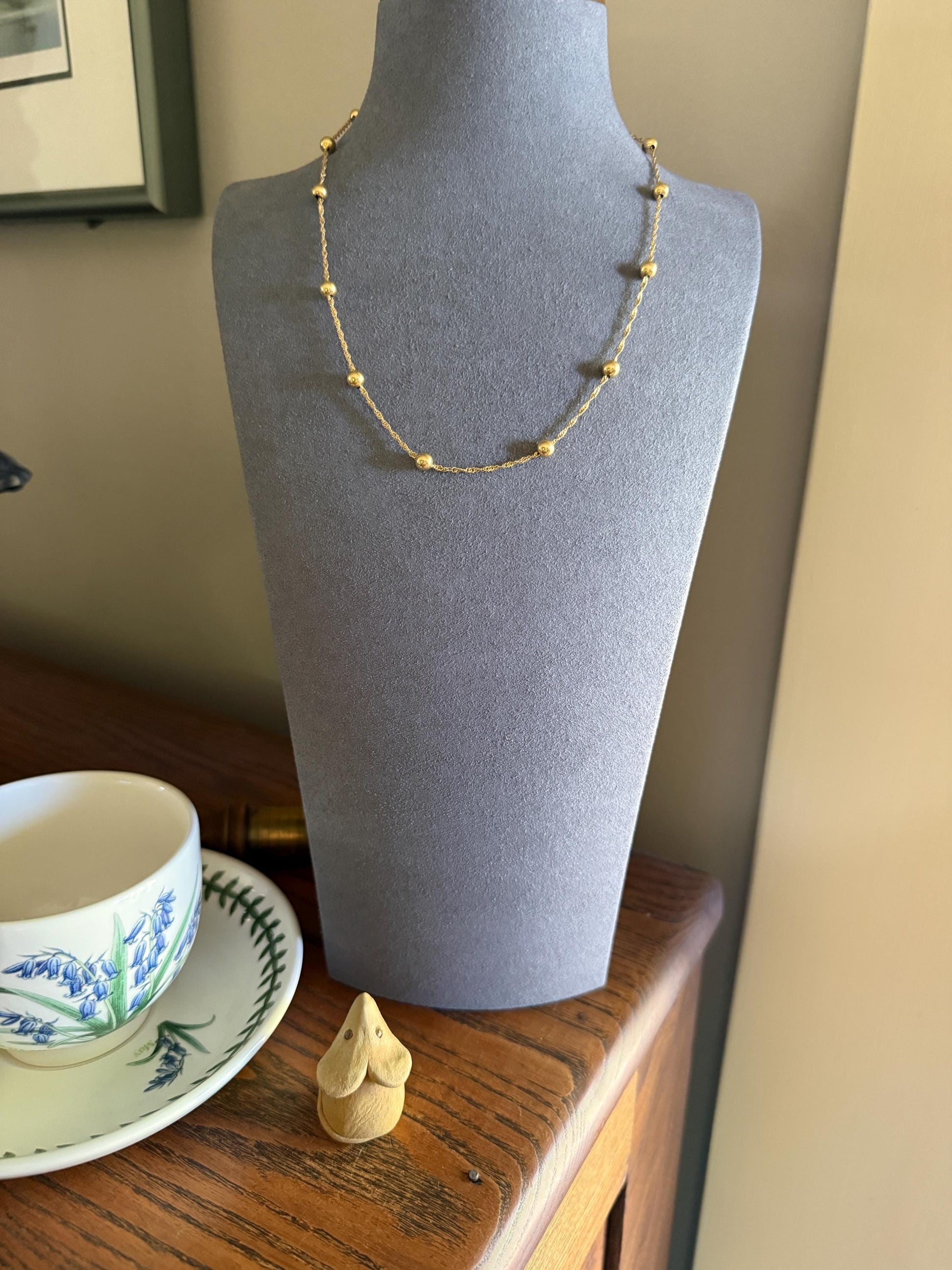 Vintage Braided 18k Gold Chain Necklace with Fixed Gold Ball Pearl Beads 17.5" Minimalist Geometric Layering Pendant Holder Shimmer Gift