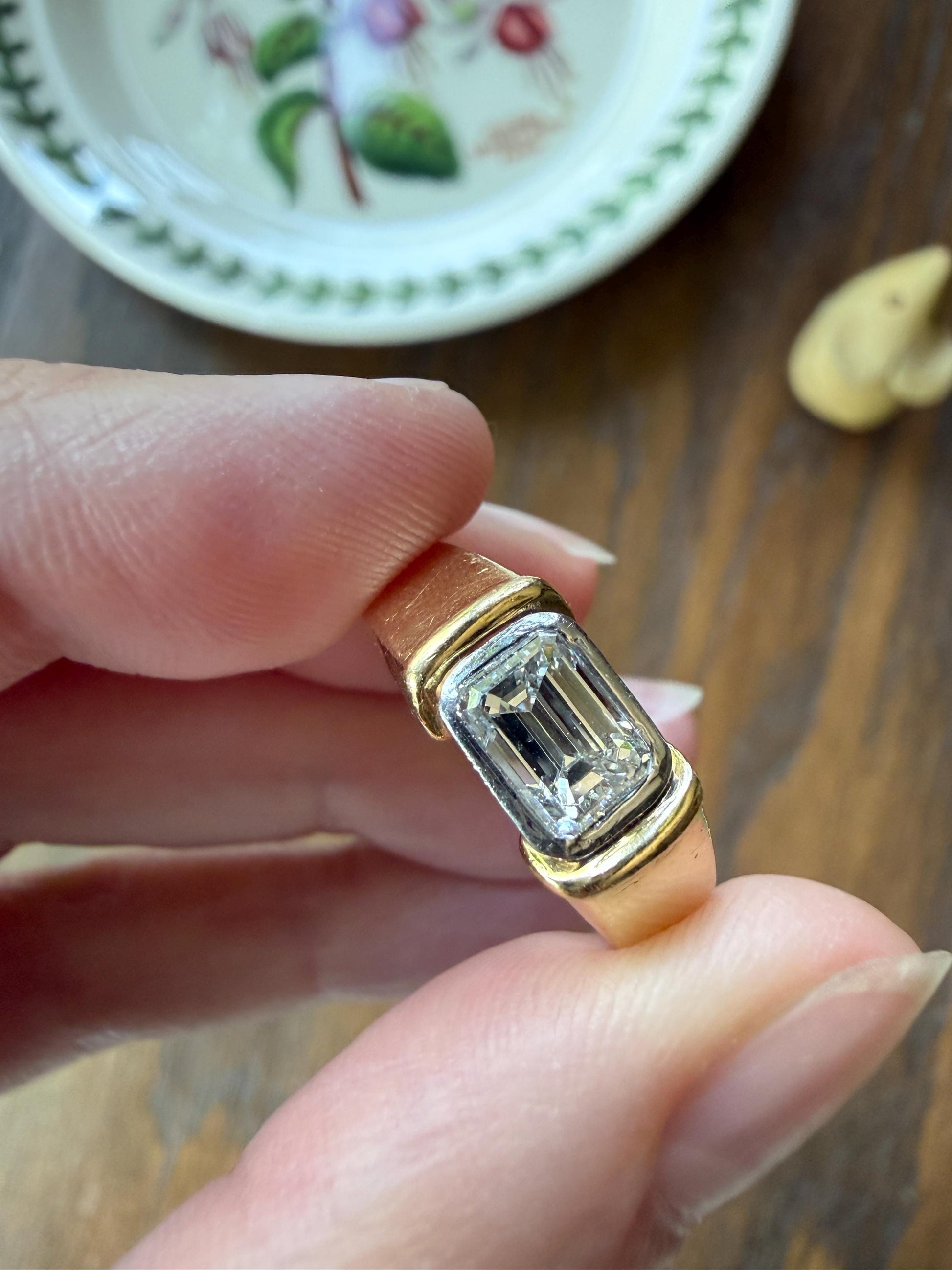 Vintage East West .9 Carat Emerald Cut DIAMOND Chunky 18k Gold and Platinum Bezel Ring French Wide Band Stacker Solitaire Alt Engagement