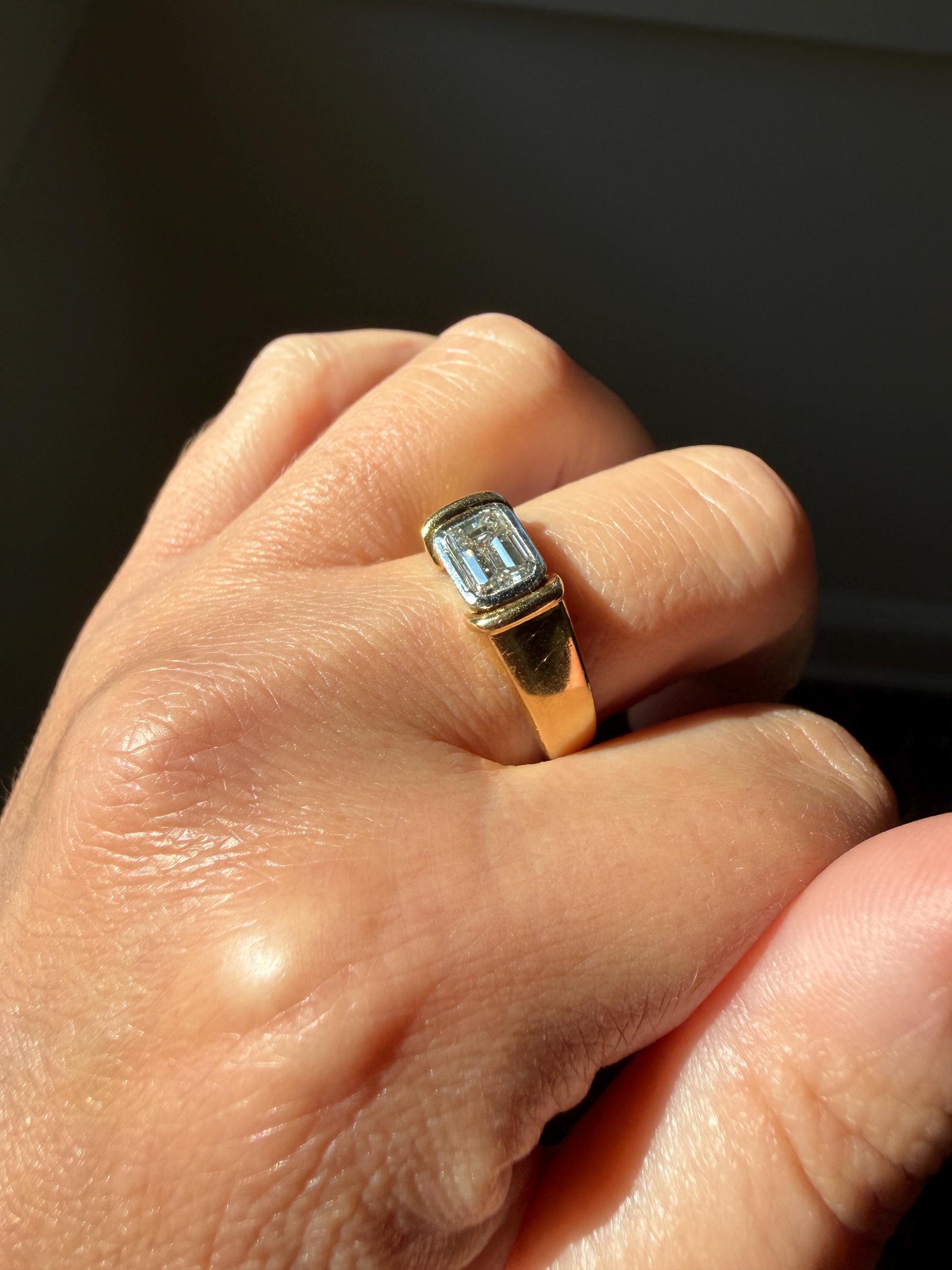 Vintage East West .9 Carat Emerald Cut DIAMOND Chunky 18k Gold and Platinum Bezel Ring French Wide Band Stacker Solitaire Alt Engagement