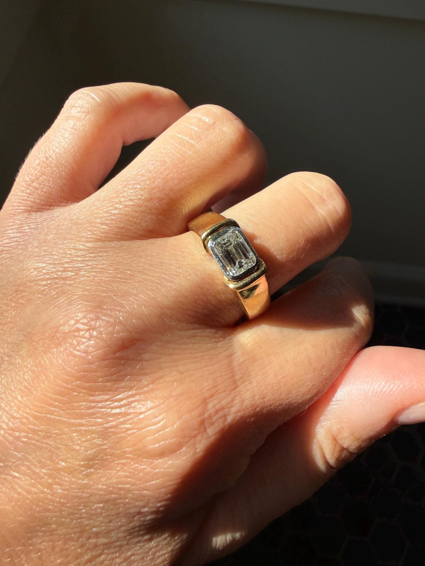 Vintage East West .9 Carat Emerald Cut DIAMOND Chunky 18k Gold and Platinum Bezel Ring French Wide Band Stacker Solitaire Alt Engagement