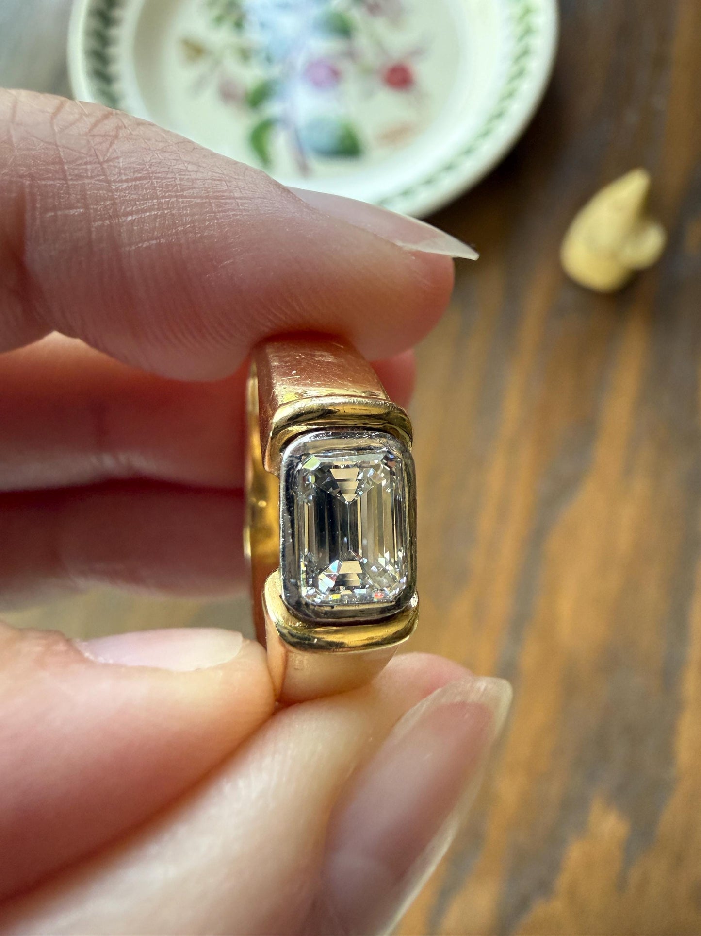 Vintage East West .9 Carat Emerald Cut DIAMOND Chunky 18k Gold and Platinum Bezel Ring French Wide Band Stacker Solitaire Alt Engagement
