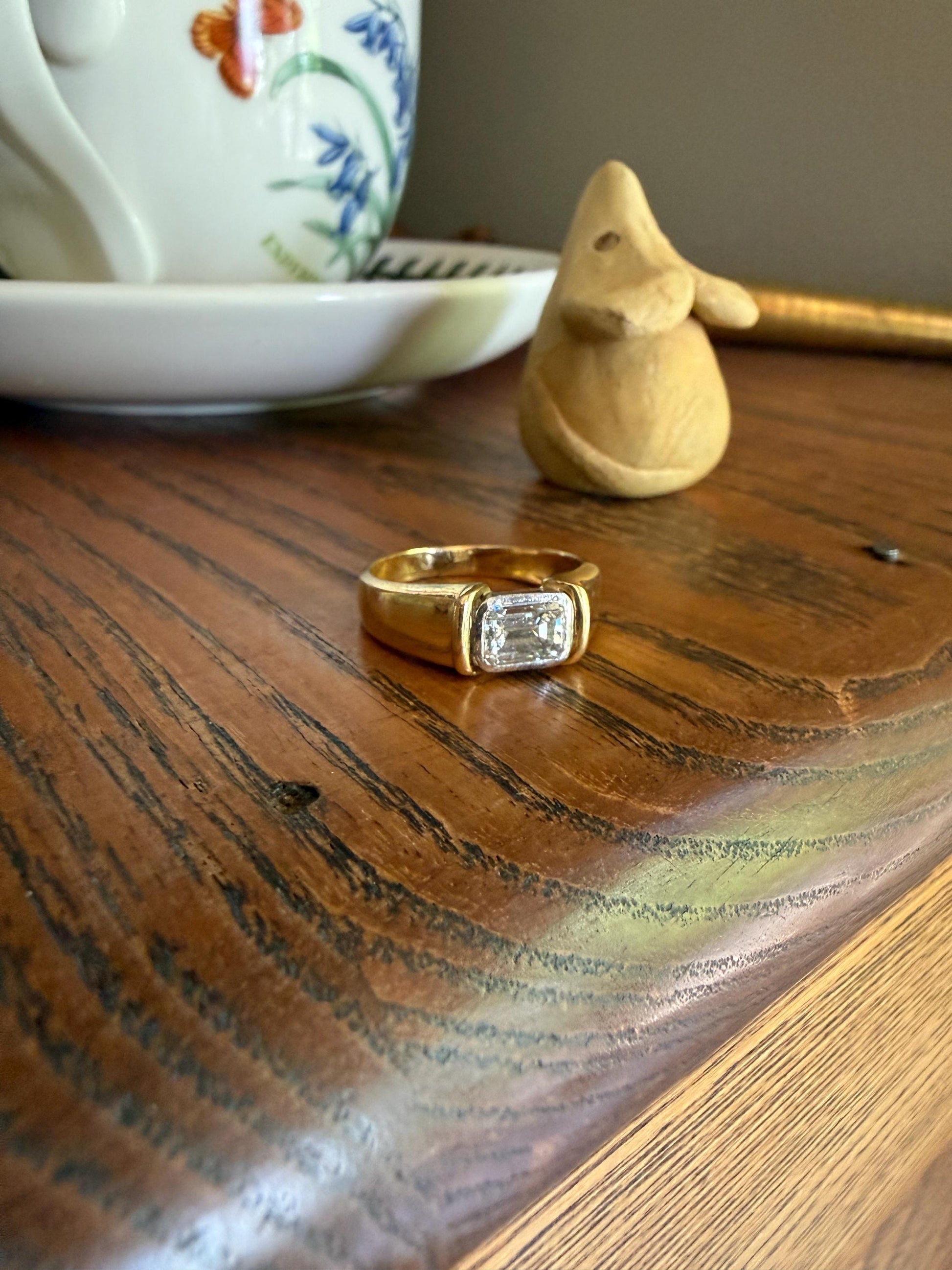 Vintage East West .9 Carat Emerald Cut DIAMOND Chunky 18k Gold and Platinum Bezel Ring French Wide Band Stacker Solitaire Alt Engagement