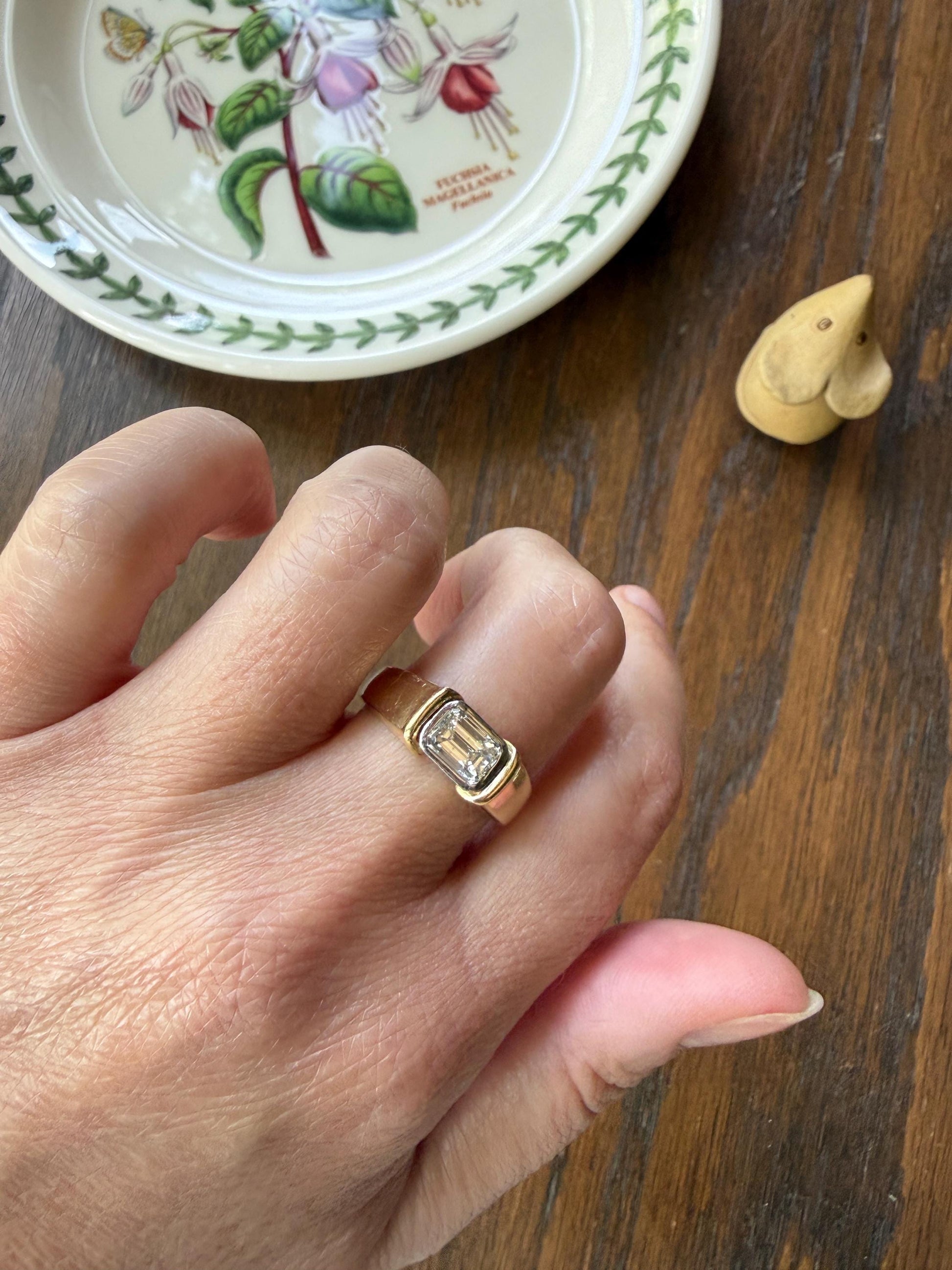 Vintage East West .9 Carat Emerald Cut DIAMOND Chunky 18k Gold and Platinum Bezel Ring French Wide Band Stacker Solitaire Alt Engagement