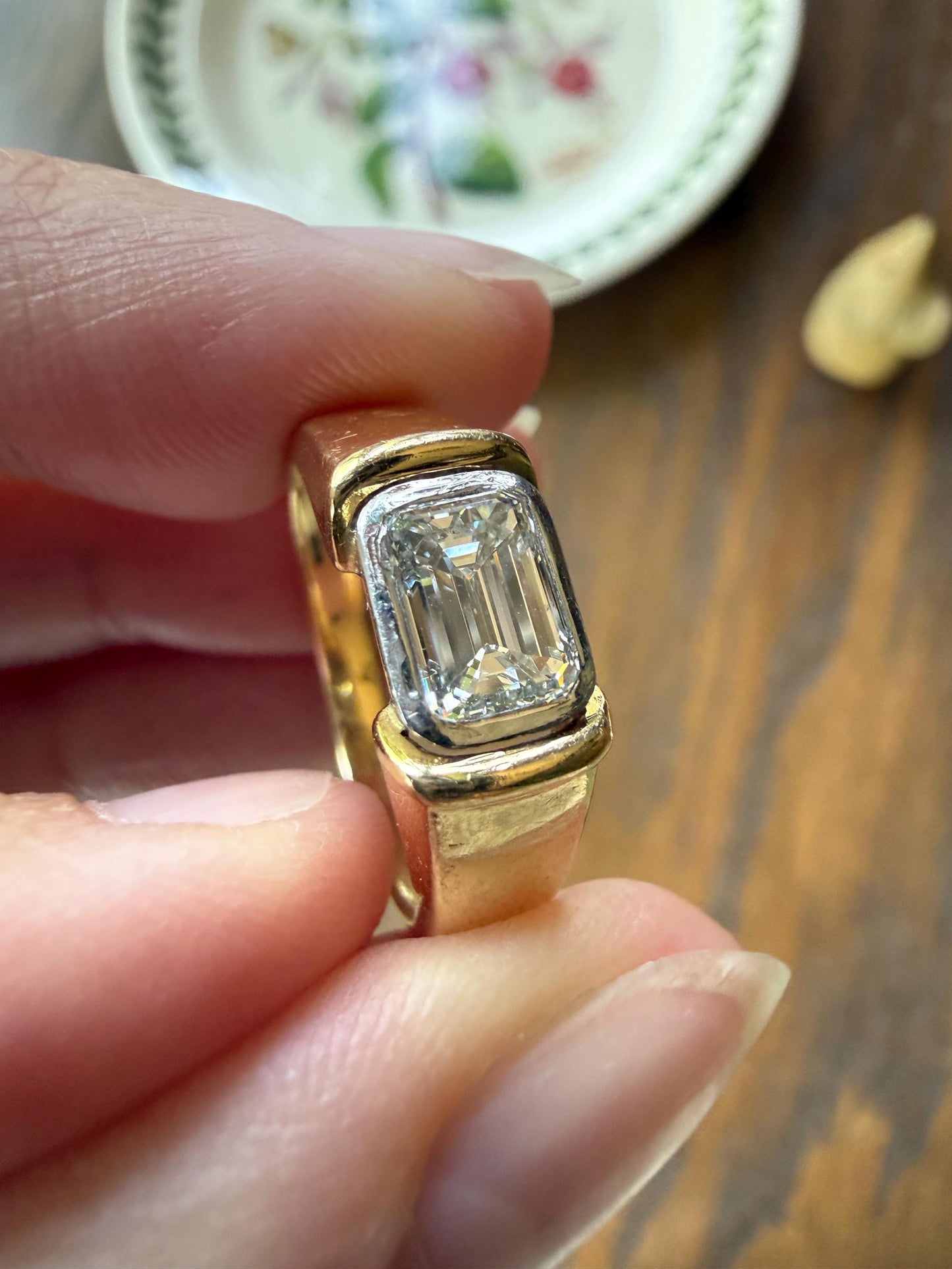 Vintage East West .9 Carat Emerald Cut DIAMOND Chunky 18k Gold and Platinum Bezel Ring French Wide Band Stacker Solitaire Alt Engagement