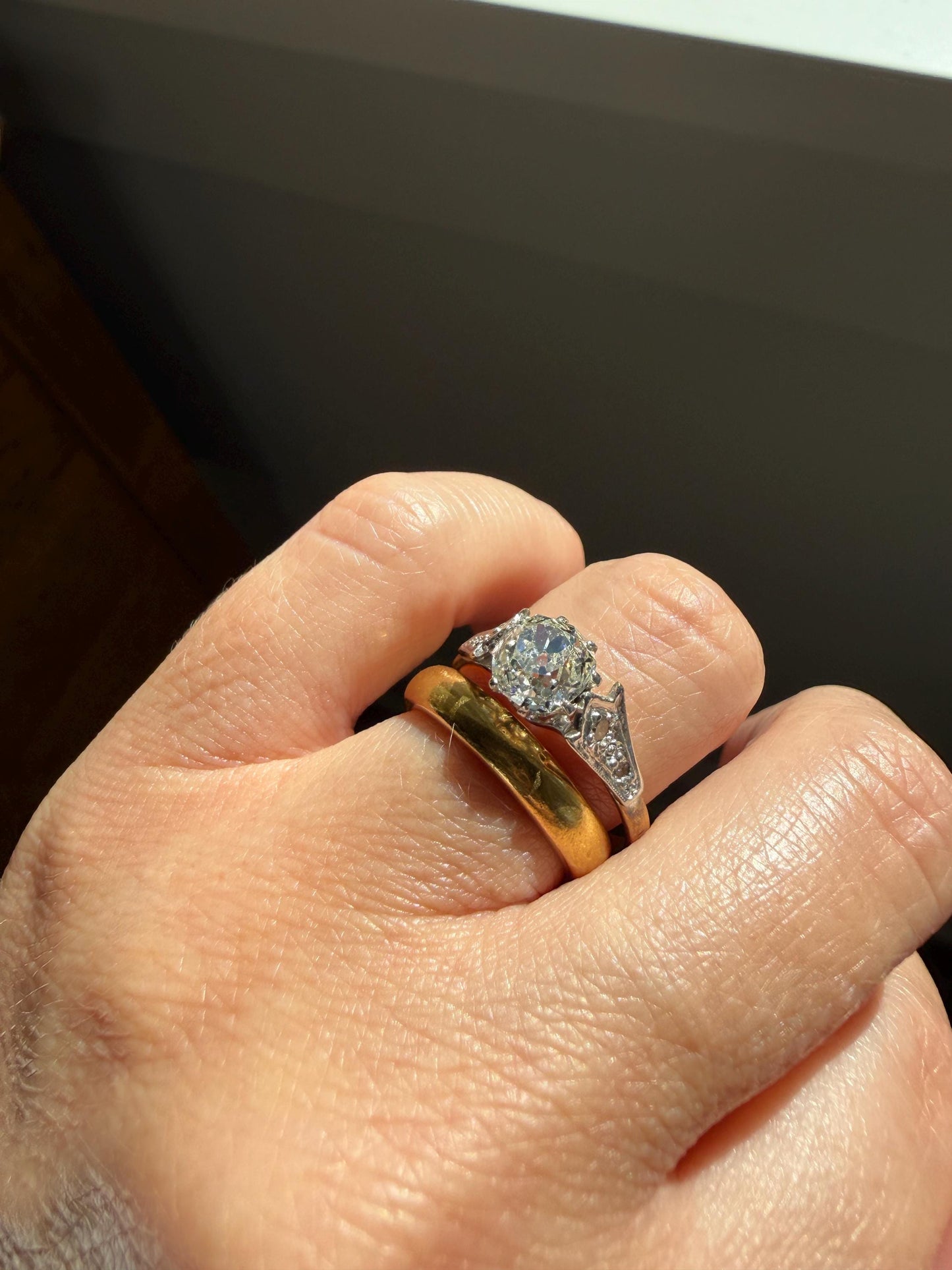 Chunky Antique 1.2 Carat Old Mine Cushion Cut DIAMOND Solitaire with Accents TULIP Floral Shoulders 18k Gold Platinum Engagement