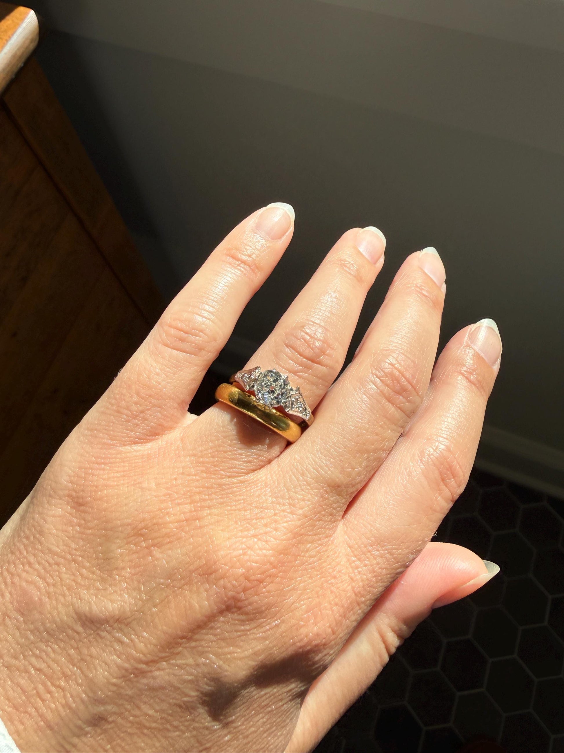 Chunky Antique 1.2 Carat Old Mine Cushion Cut DIAMOND Solitaire with Accents TULIP Floral Shoulders 18k Gold Platinum Engagement