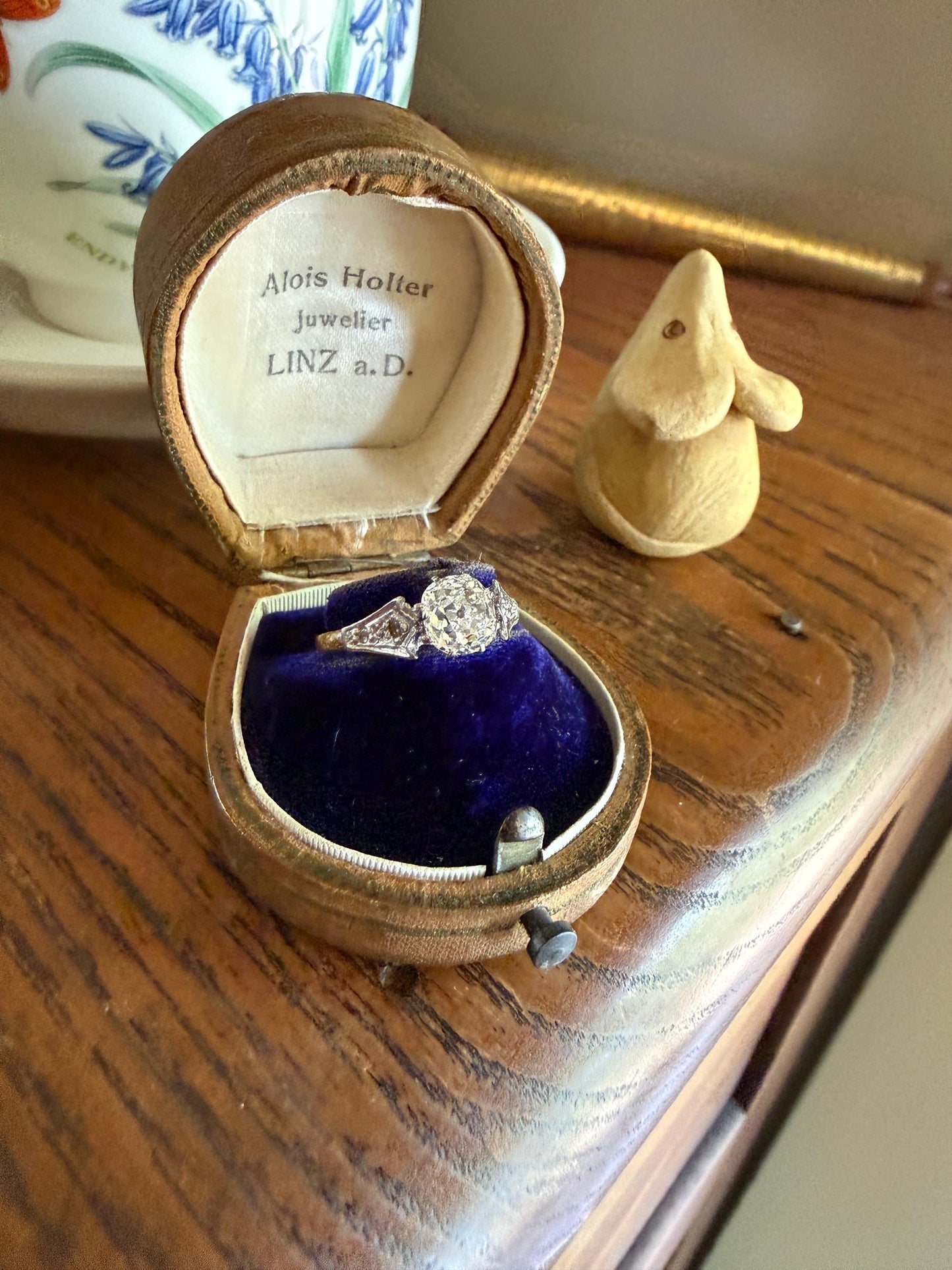 Chunky Antique 1.2 Carat Old Mine Cushion Cut DIAMOND Solitaire with Accents TULIP Floral Shoulders 18k Gold Platinum Engagement