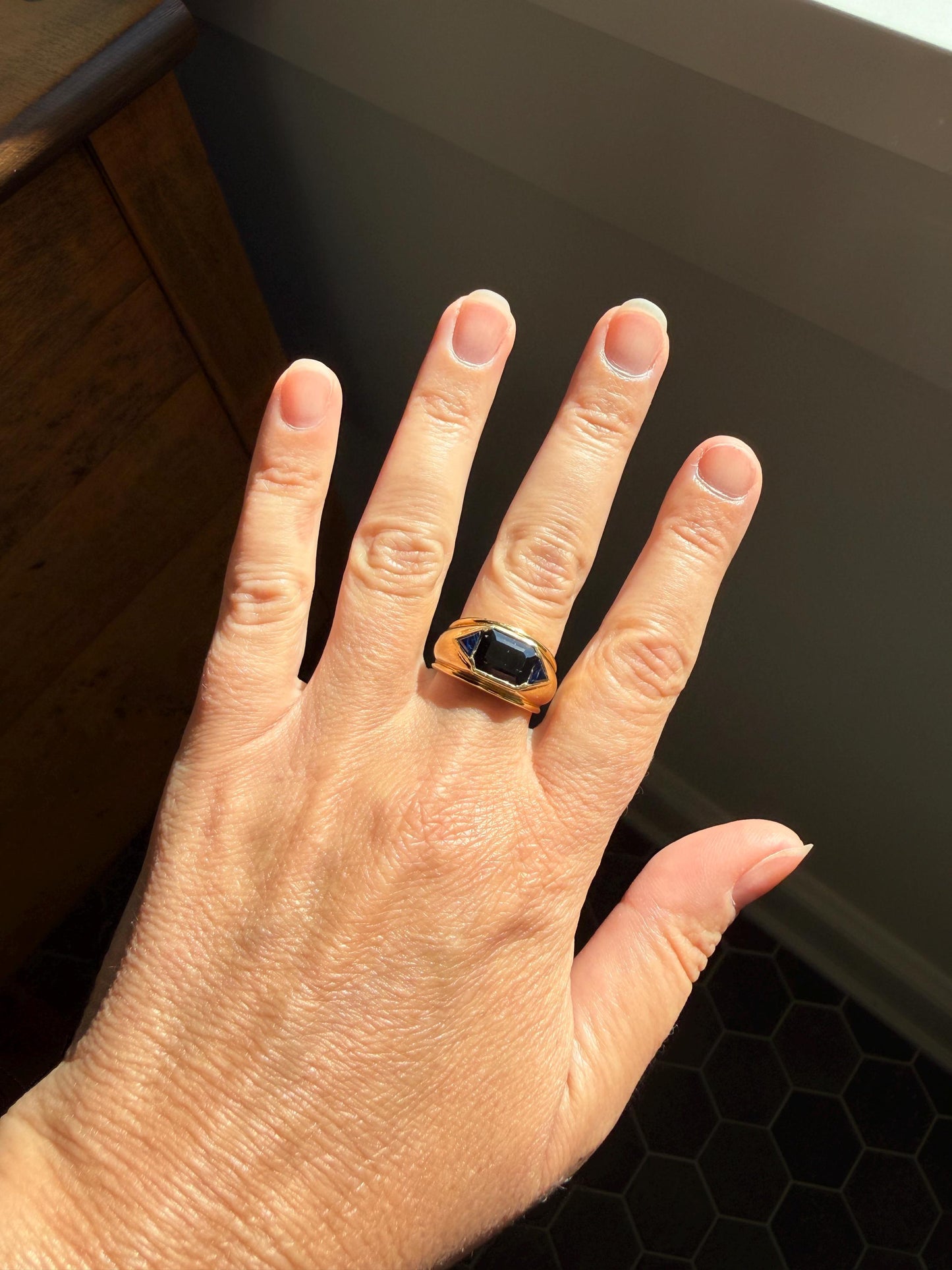 Chunky Natural Sapphire Three Stone Ring 8g 18k Gold French Octagon Cut Vintage Geometric Triangle Sides Peacock Blue Wide Gypsy Band