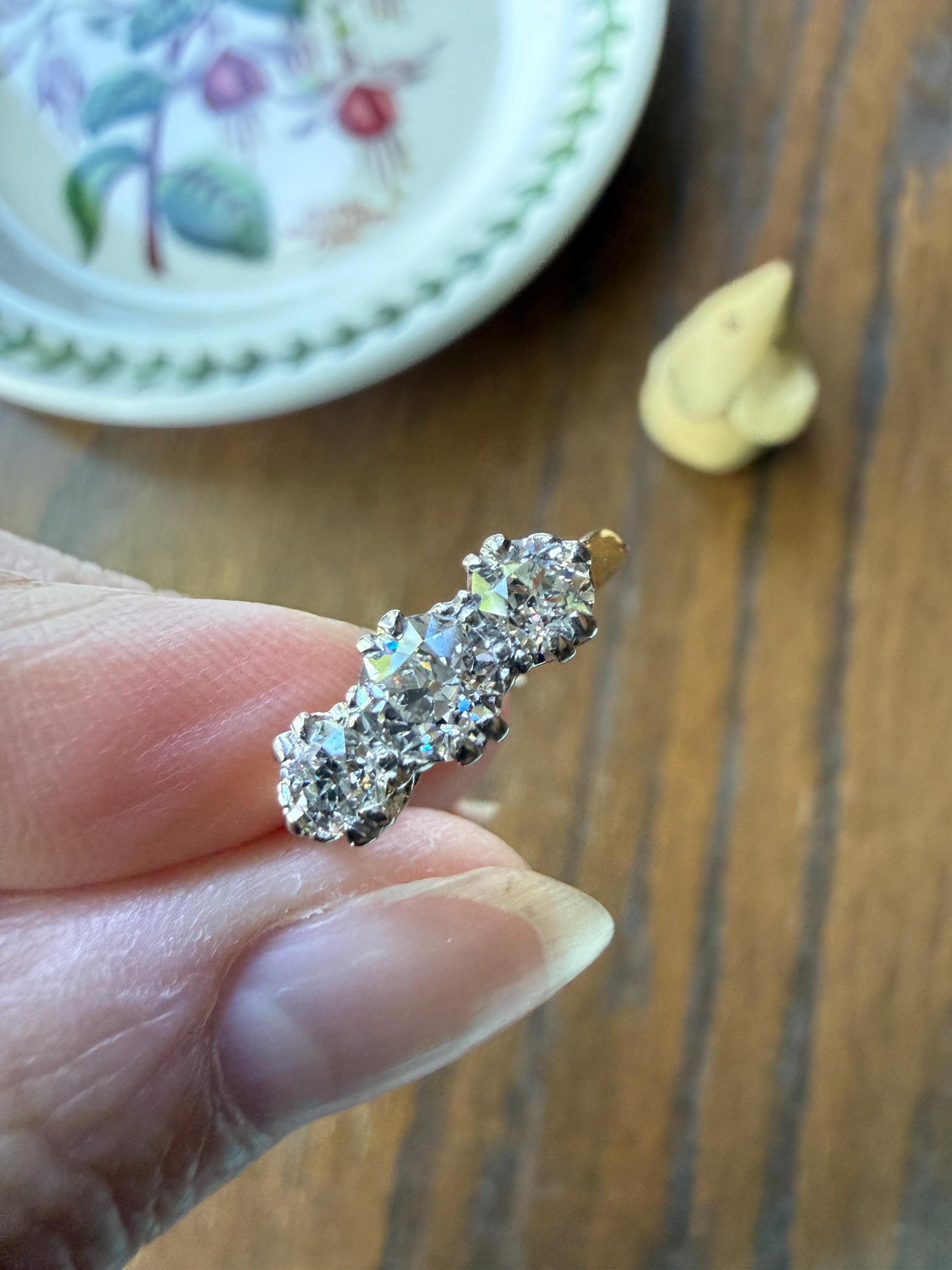 Antique Eye Clean Three Stone 1.1 Carat Old Mine Cut DiAMOND Ring 18k GOLD Stacker Band 1.1Ctw OMC Trilogy Anniversary Wedding Engagement