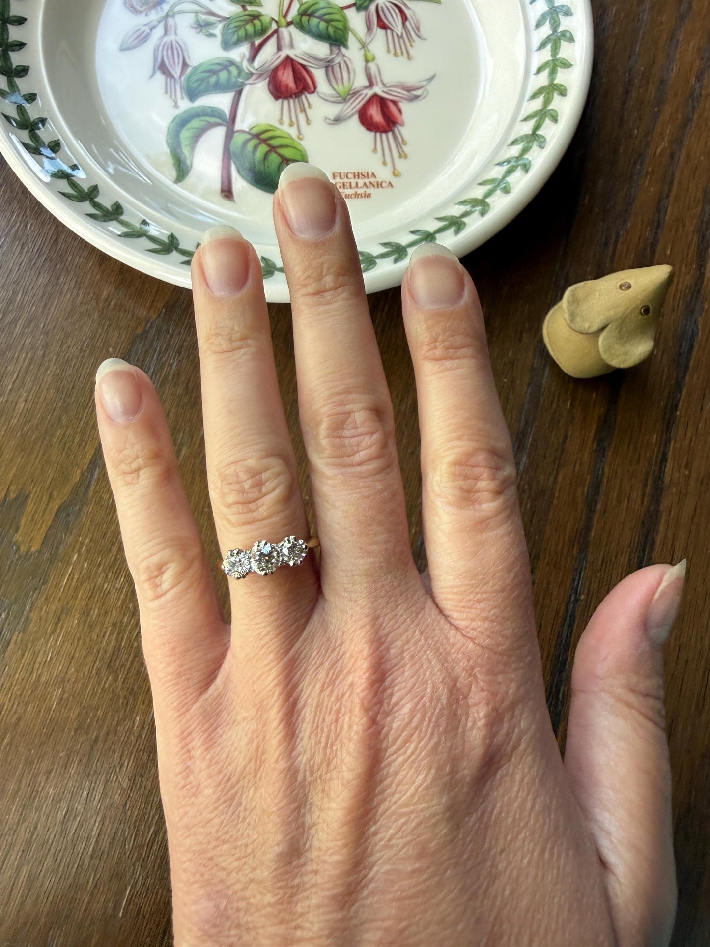 Antique Eye Clean Three Stone 1.1 Carat Old Mine Cut DiAMOND Ring 18k GOLD Stacker Band 1.1Ctw OMC Trilogy Anniversary Wedding Engagement
