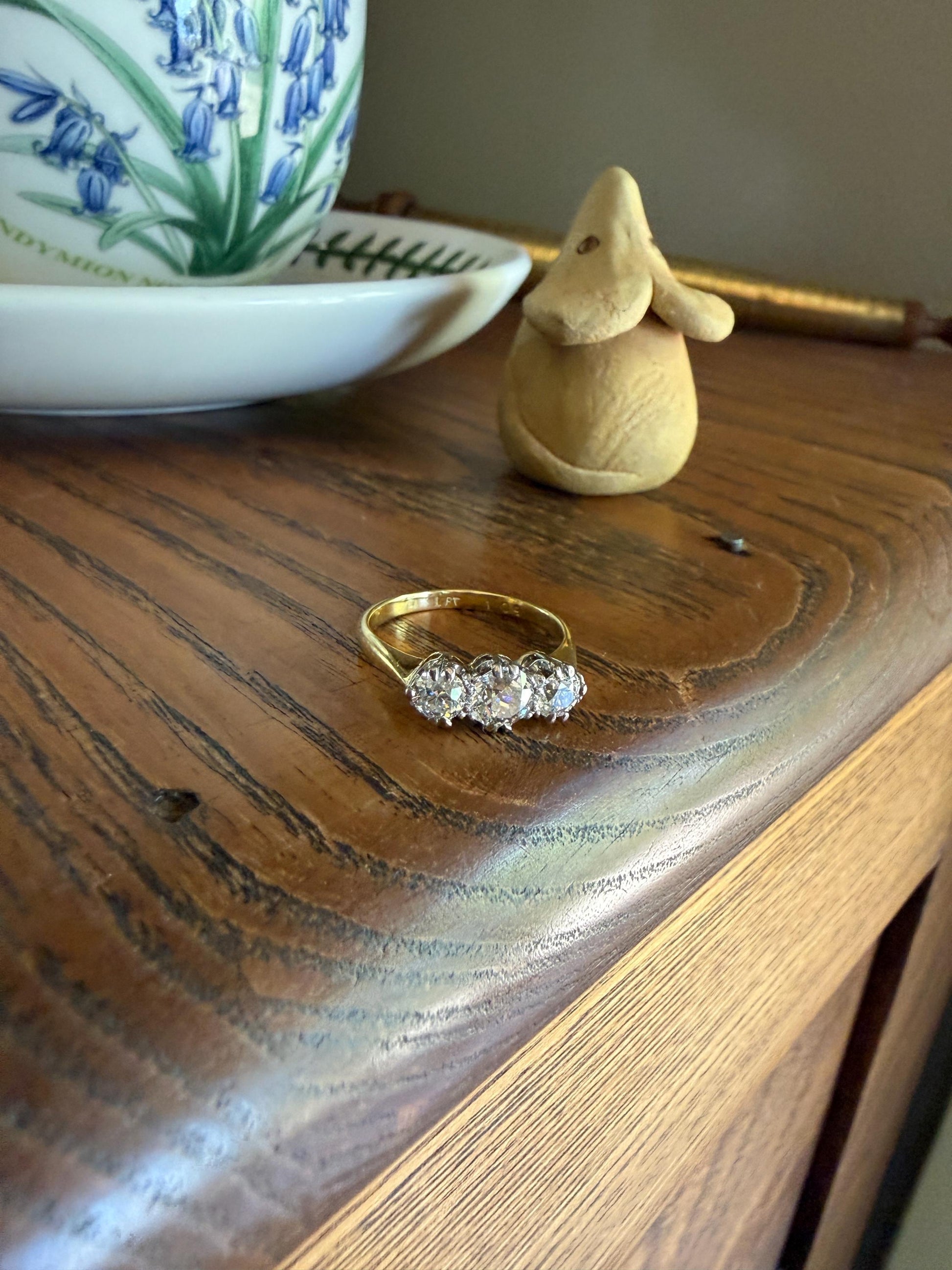 Antique Eye Clean Three Stone 1.1 Carat Old Mine Cut DiAMOND Ring 18k GOLD Stacker Band 1.1Ctw OMC Trilogy Anniversary Wedding Engagement