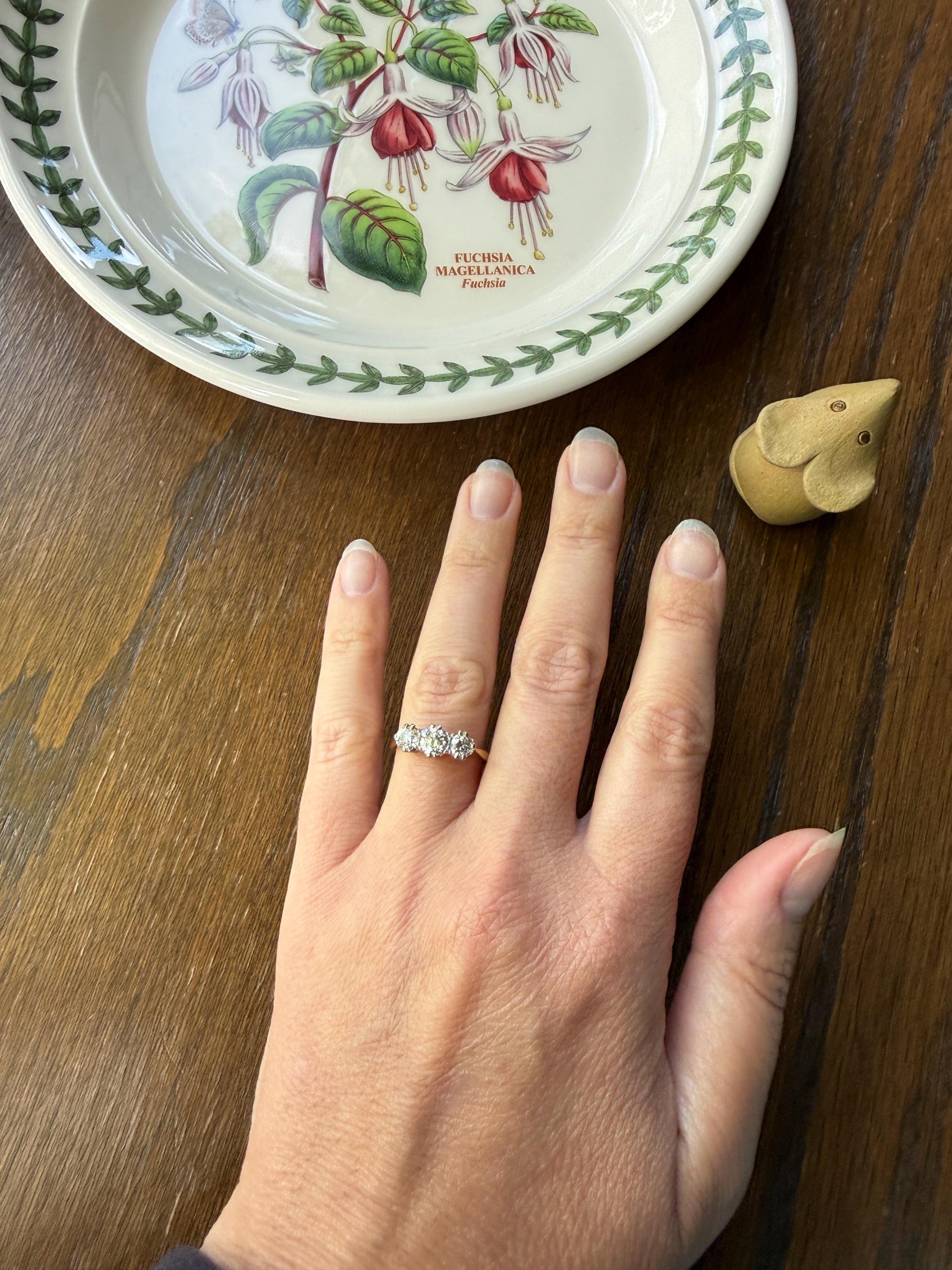 Antique Eye Clean Three Stone 1.1 Carat Old Mine Cut DiAMOND Ring 18k GOLD Stacker Band 1.1Ctw OMC Trilogy Anniversary Wedding Engagement